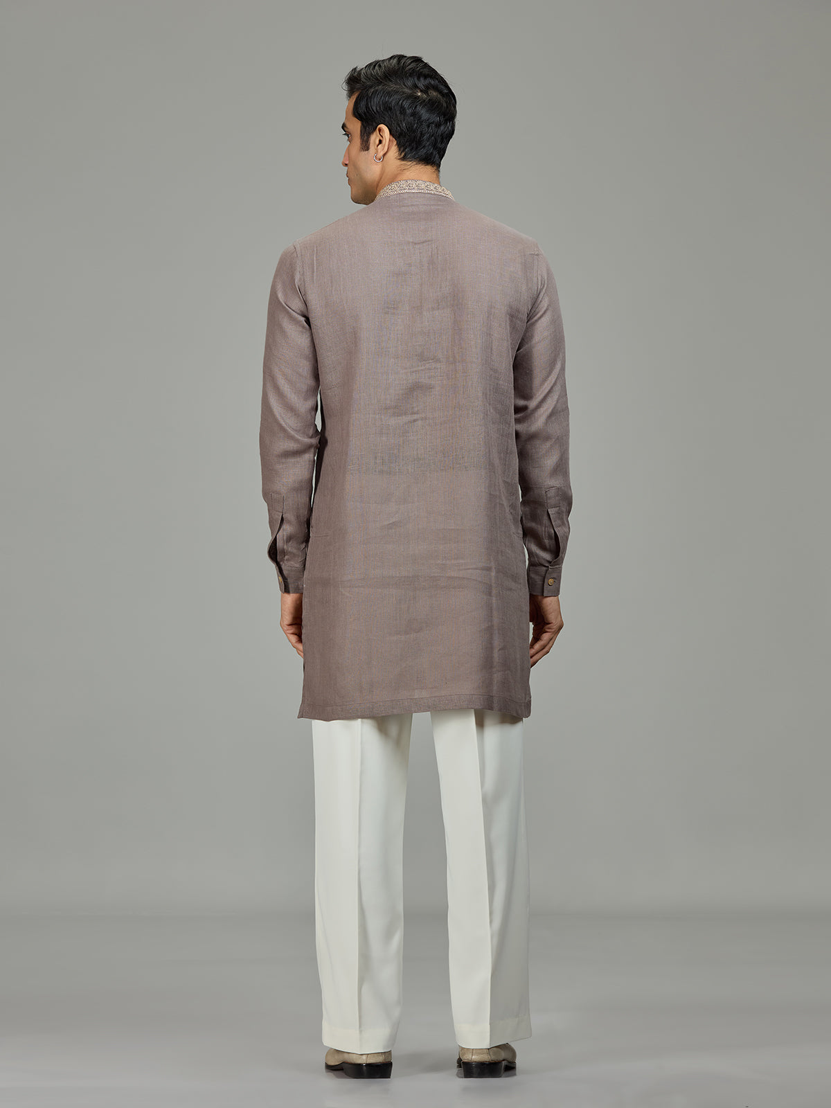 Grey leaf motif zardosi linen men kurta suit