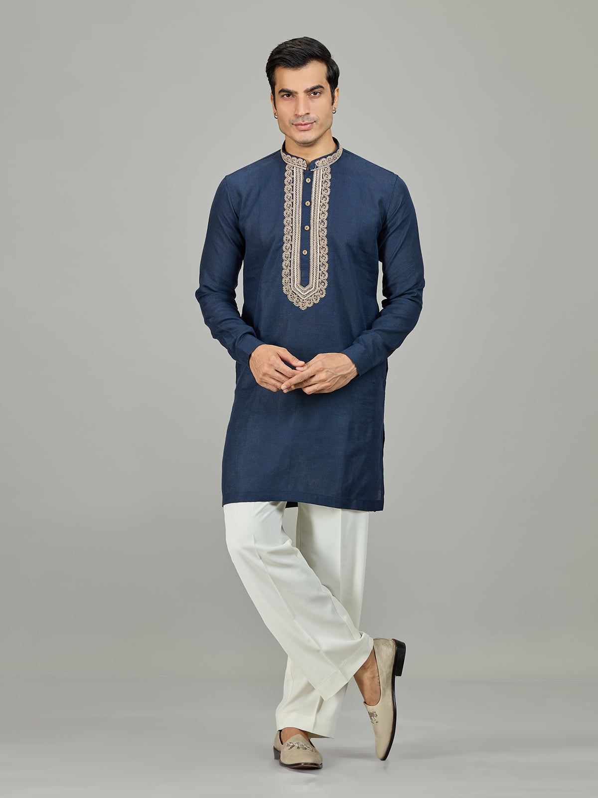 Blue textured leaf border linen men kurta suit