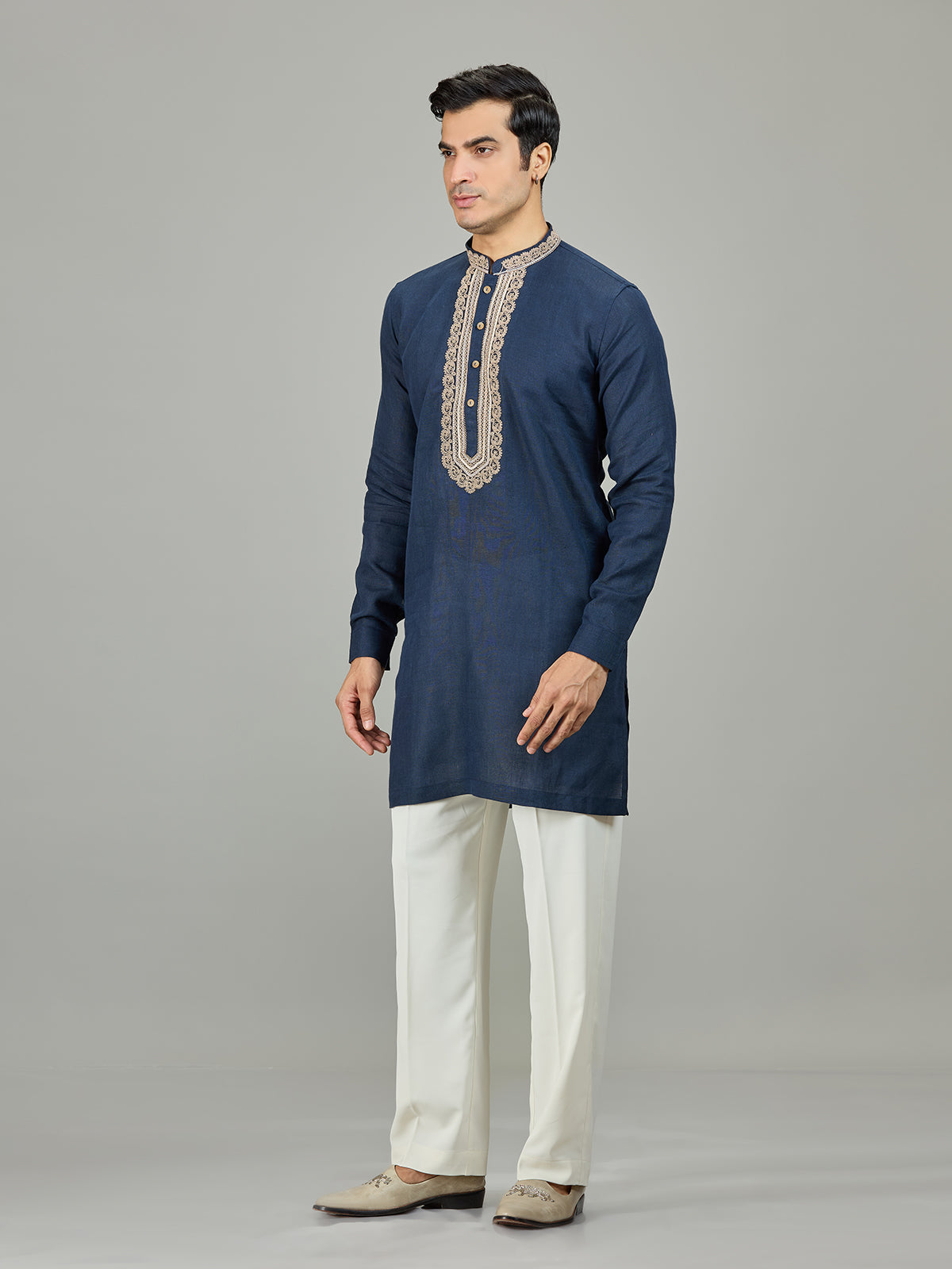 Blue textured leaf border linen men kurta suit