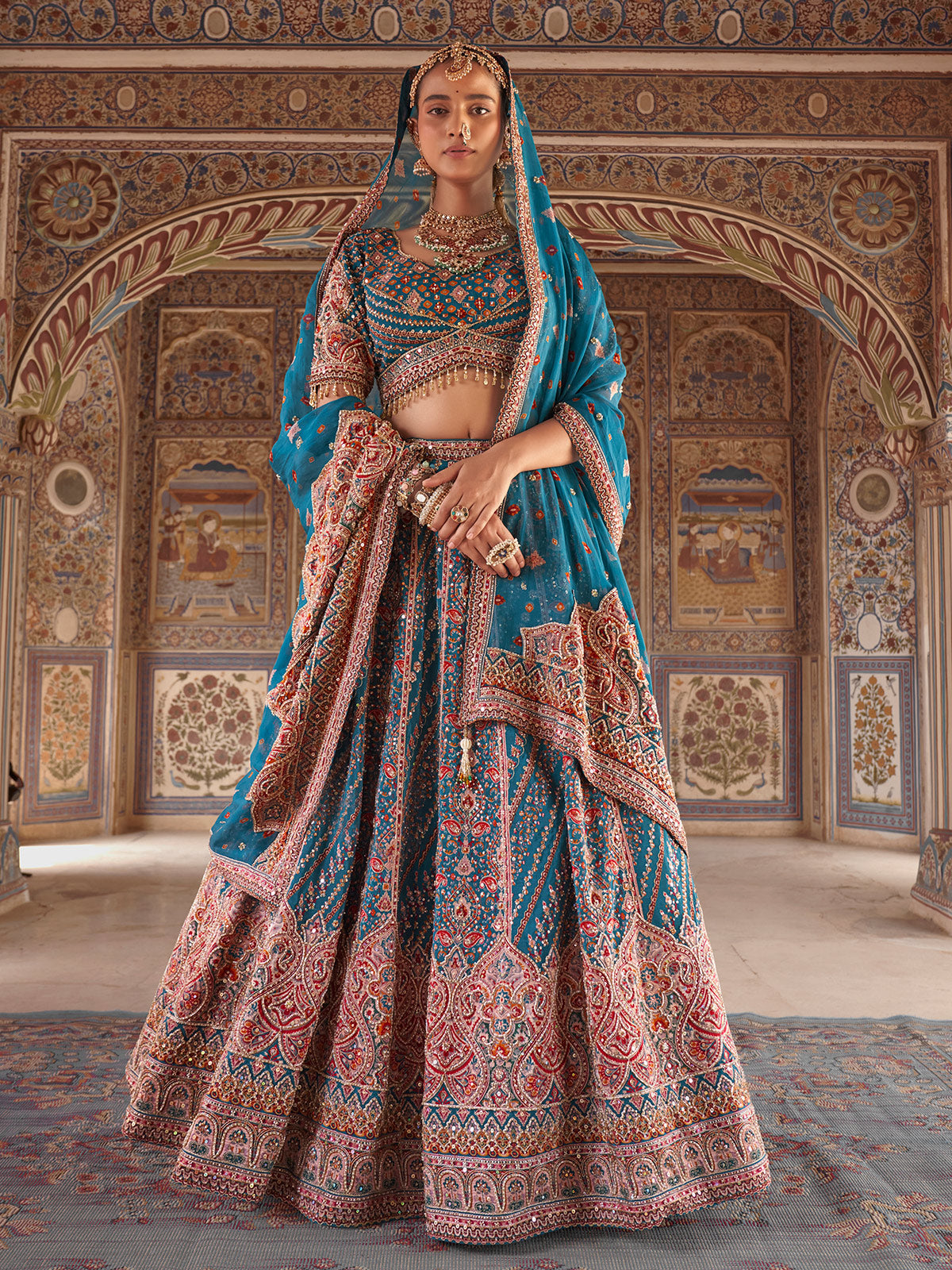 Rama blue patola pattern women bridal lehenga choli