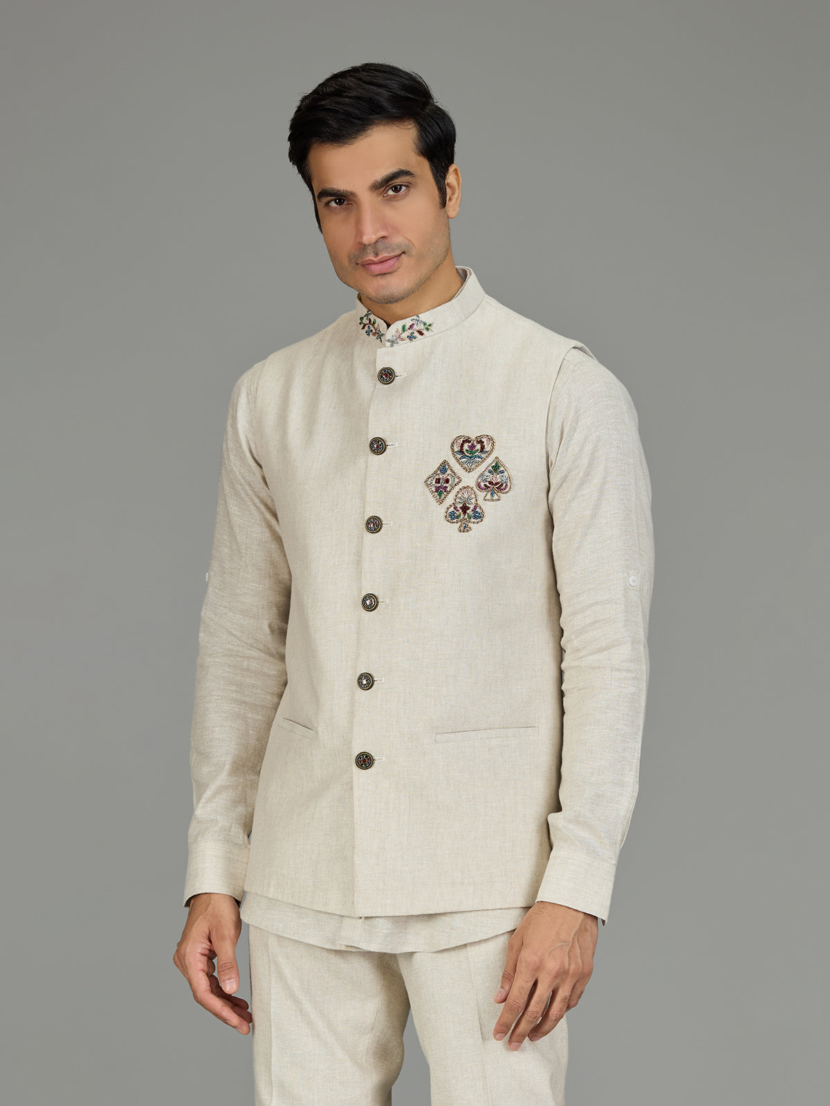 Cream ornate medallion zardosi linen waistcoat set