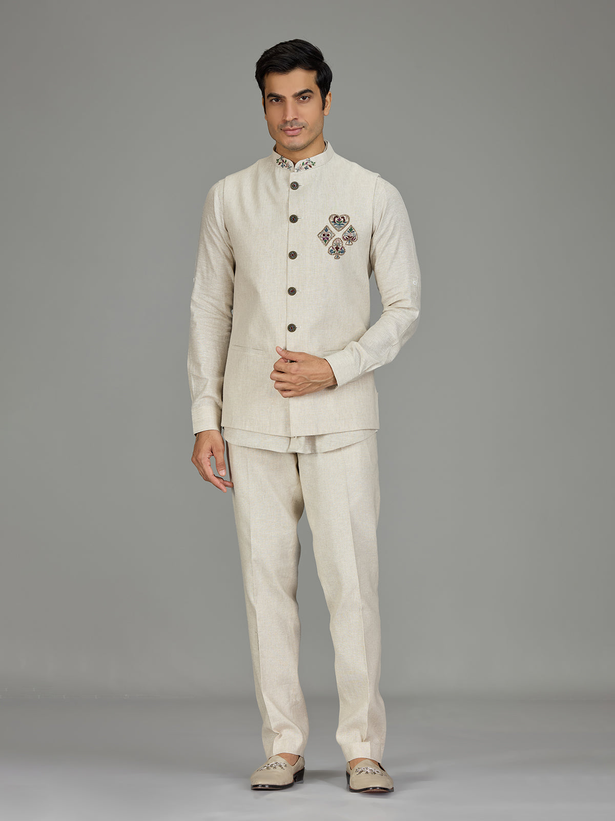 Cream ornate medallion zardosi linen waistcoat set