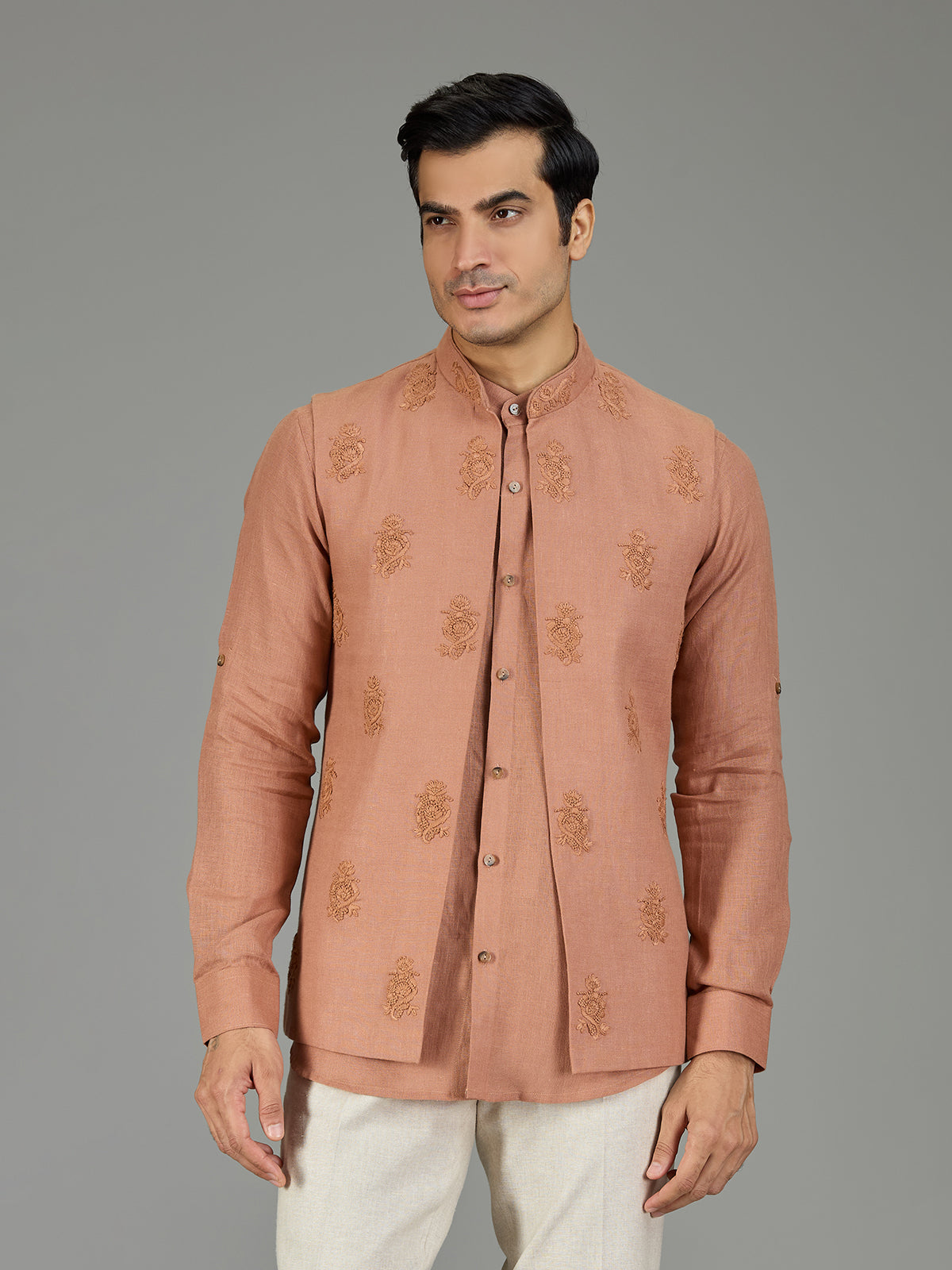 Rust peach floral crest linen nehru jacket set