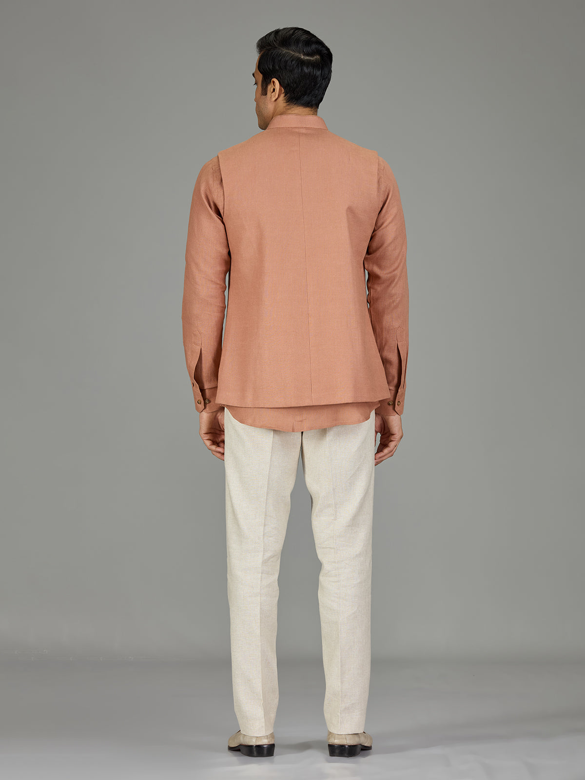 Rust peach floral crest linen nehru jacket set
