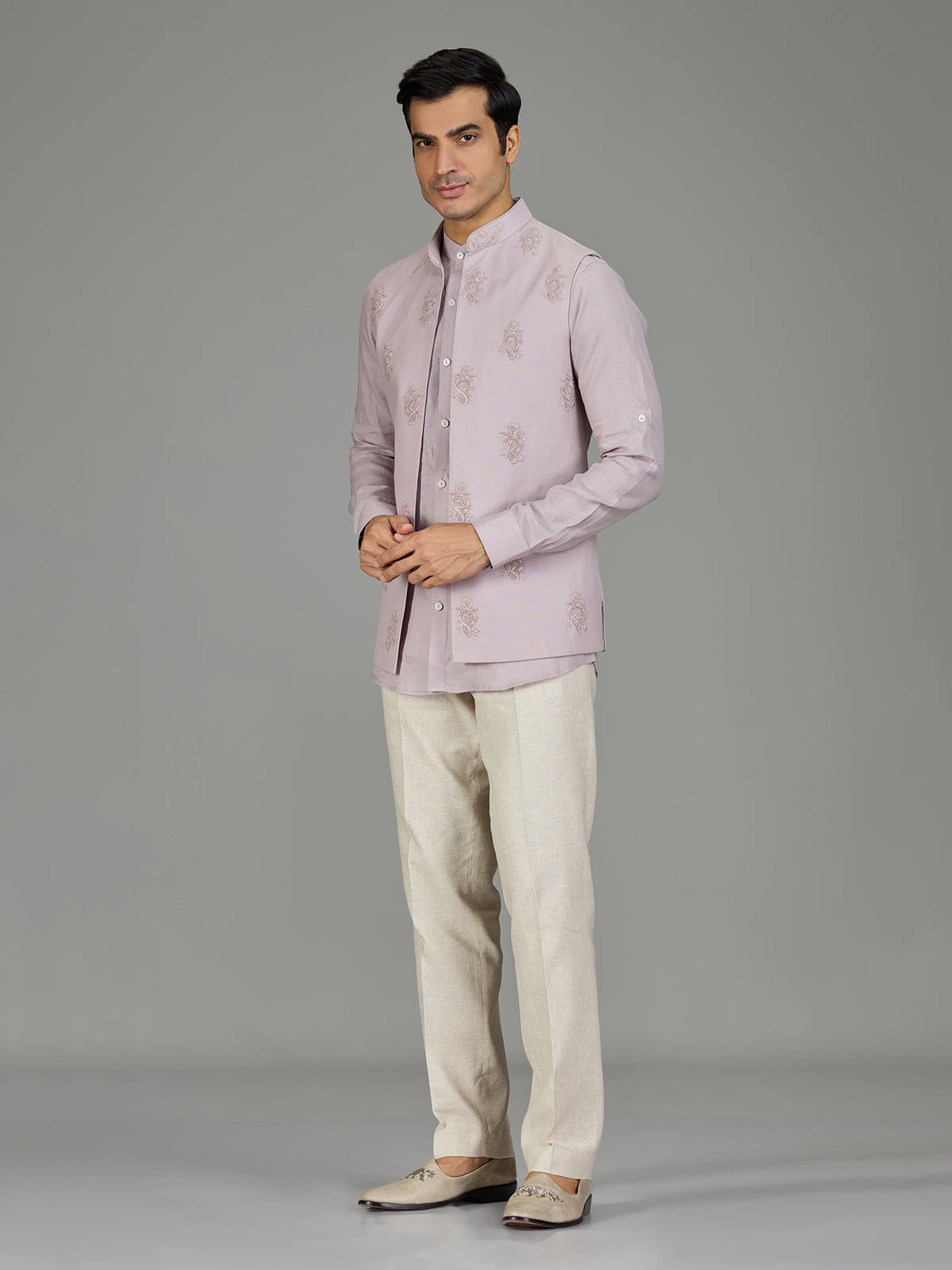 Lilac purple festive paisley linen waistcoat set