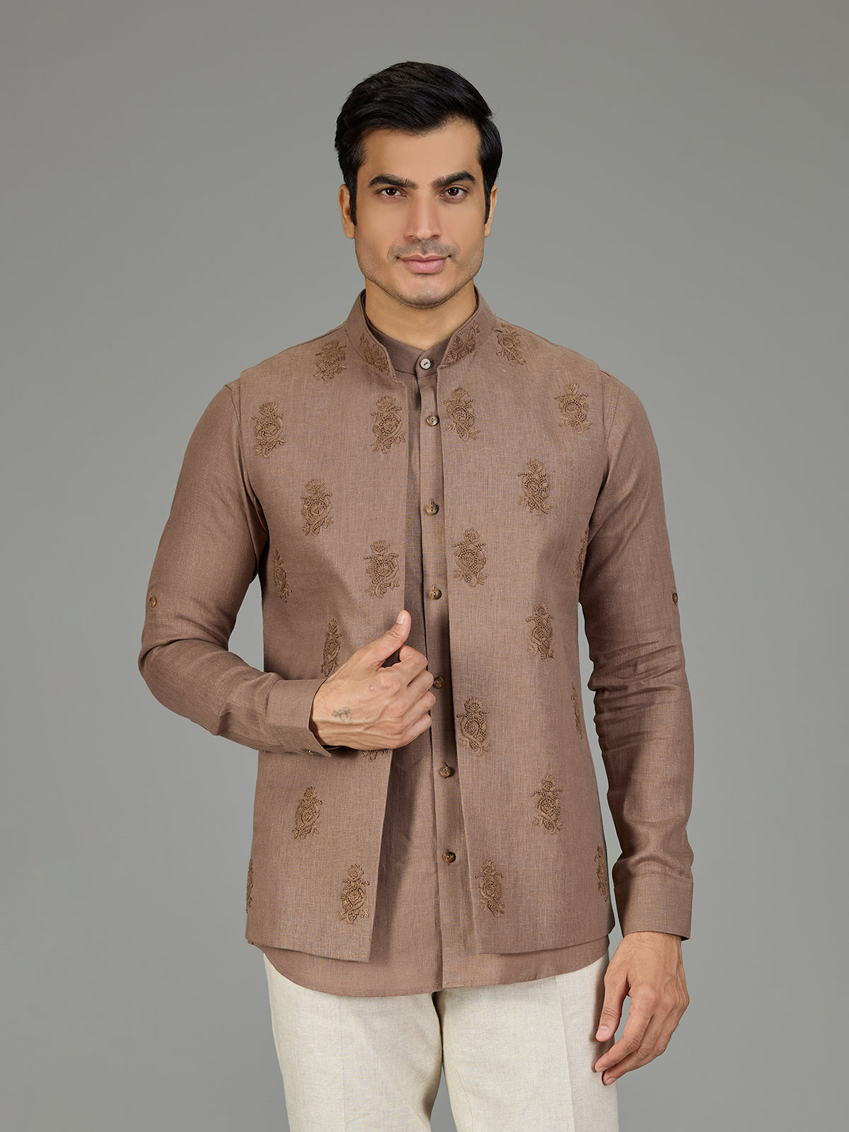 Brown classic booti linen nehru jacket set