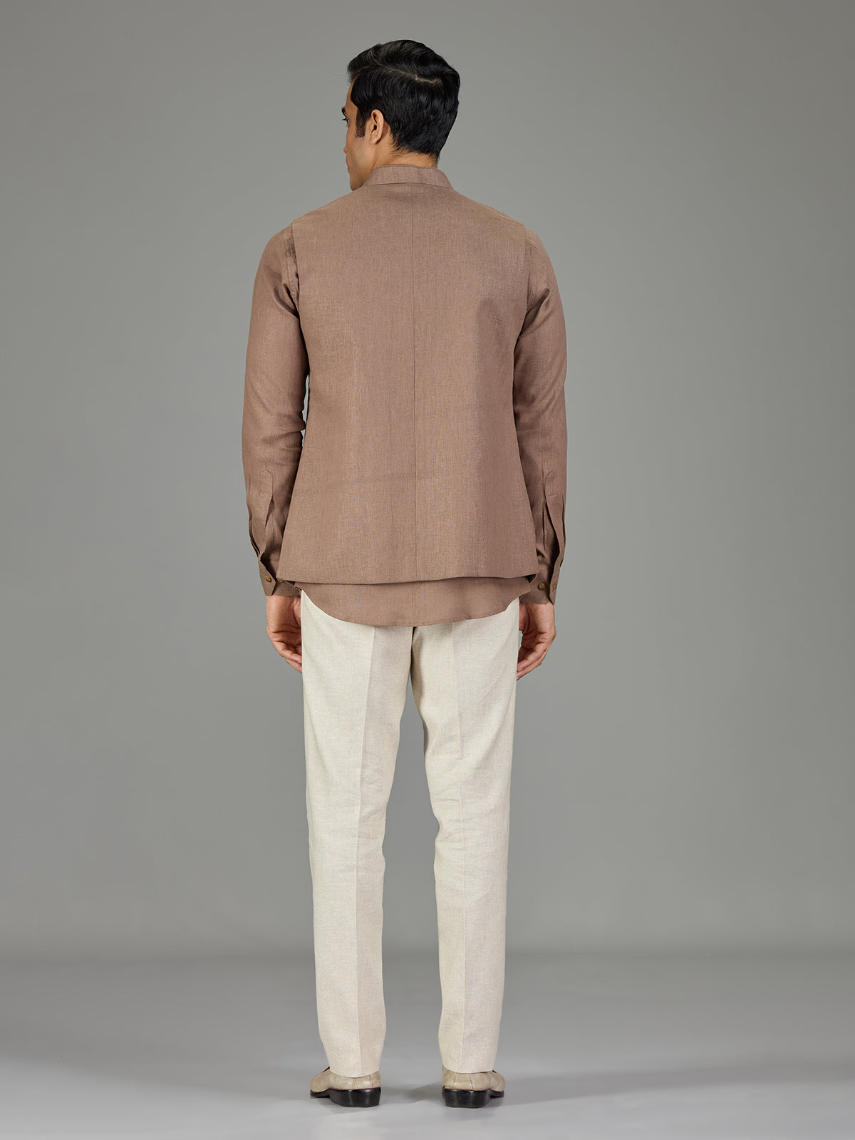 Brown classic booti linen nehru jacket set