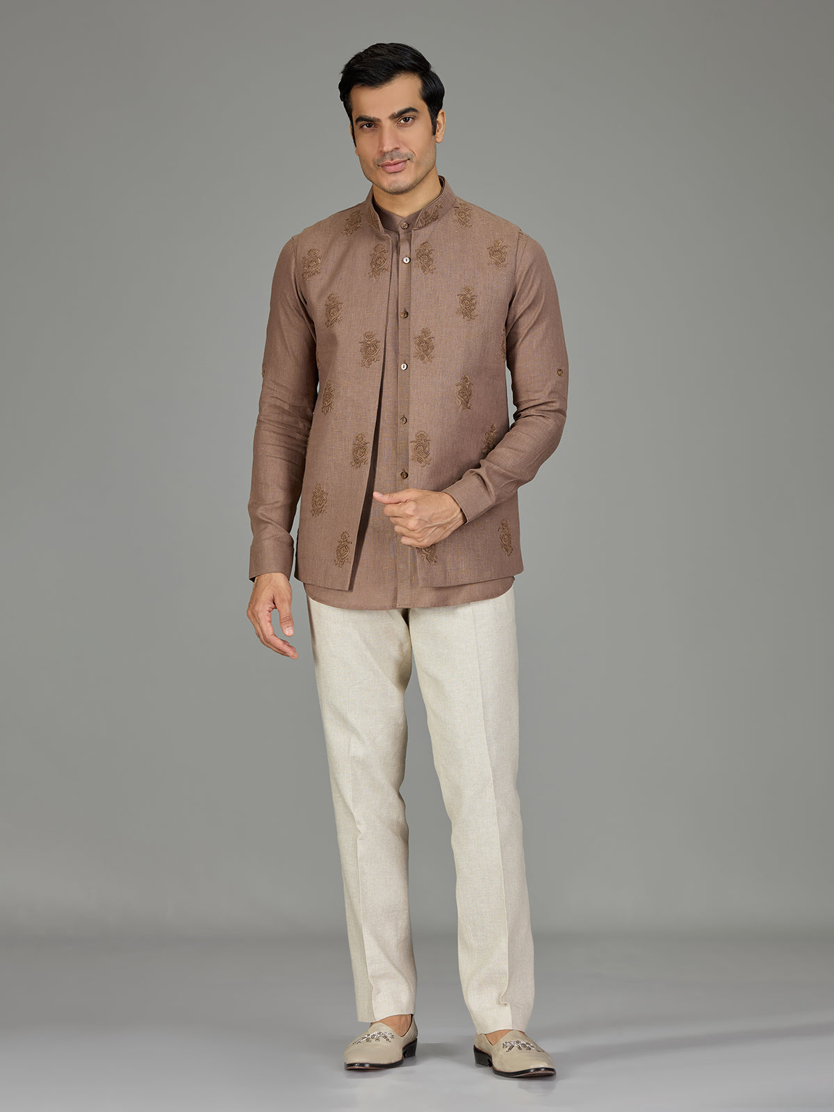 Brown classic booti linen nehru jacket set