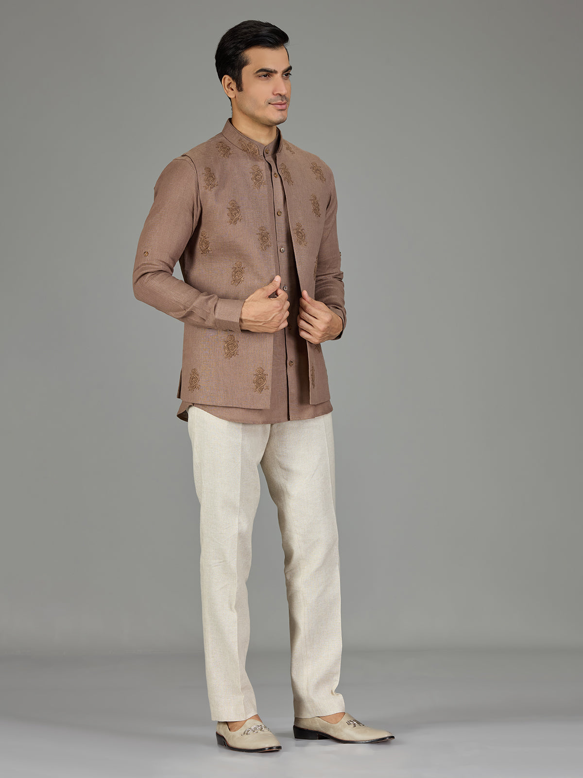 Brown classic booti linen nehru jacket set
