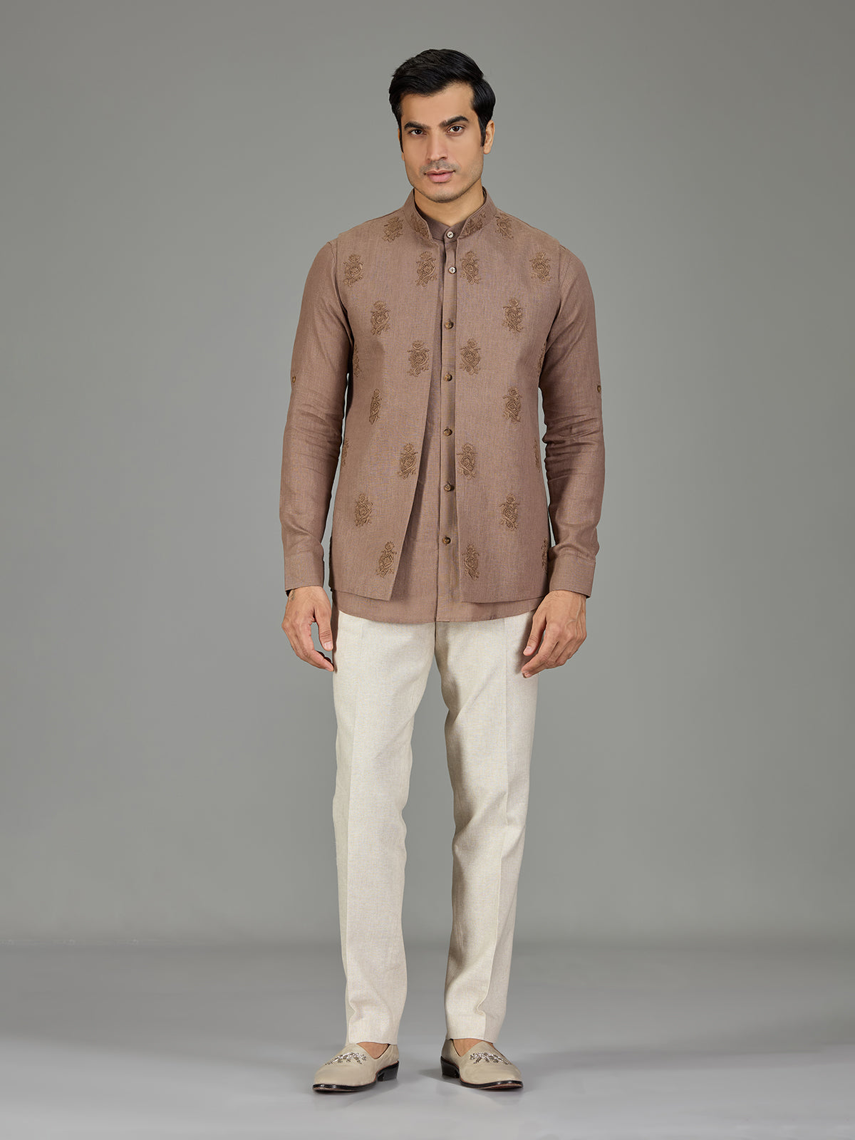 Brown classic booti linen nehru jacket set