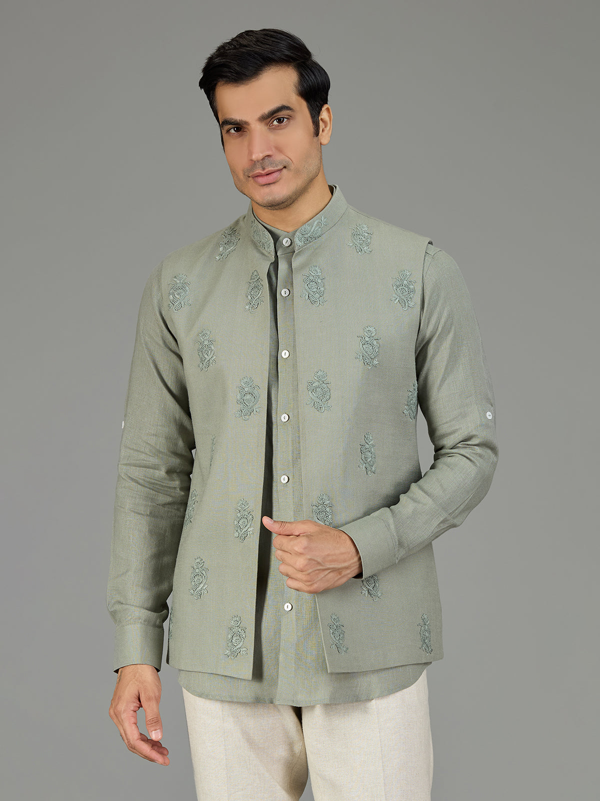 Pista green royal embroidered linen waistcoat set