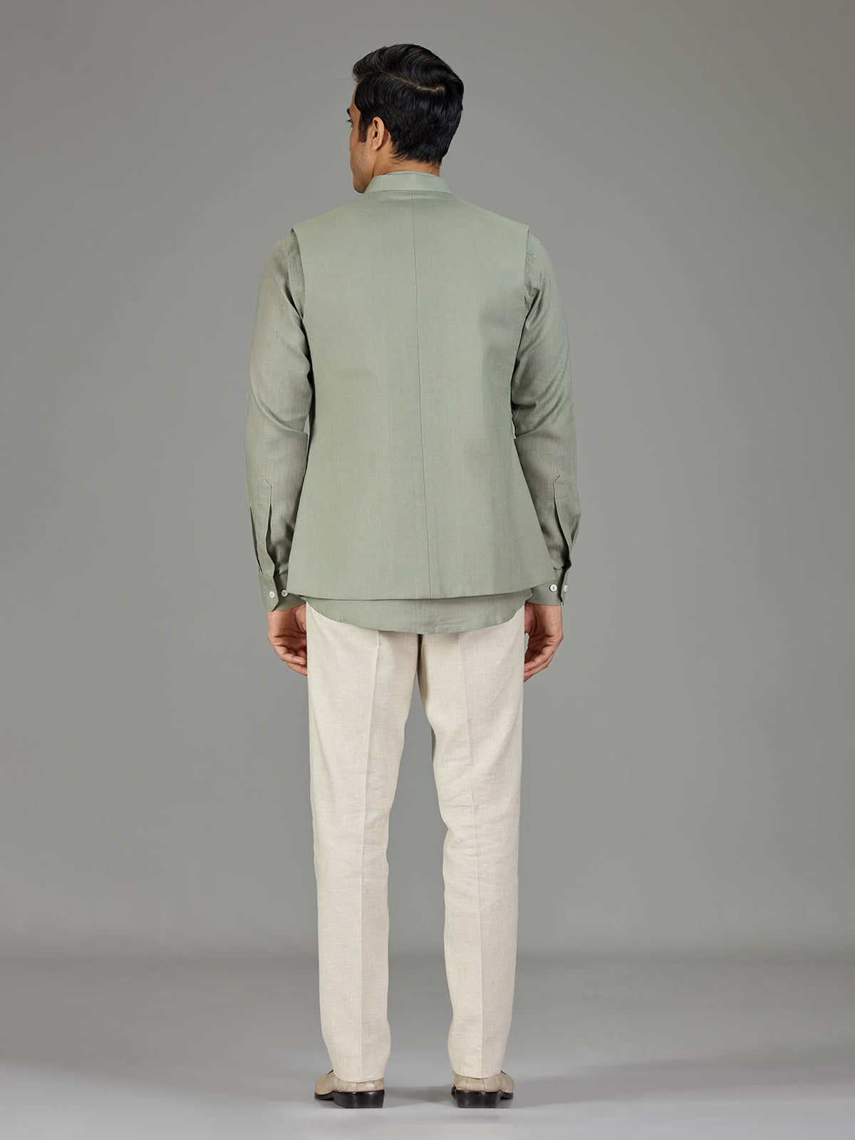 Pista green royal embroidered linen waistcoat set