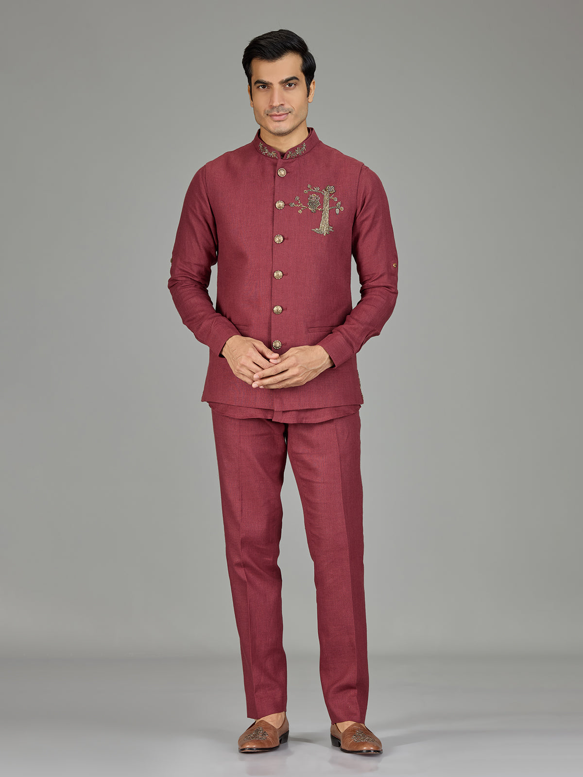 Dusty red heritage nehru jacket linen set