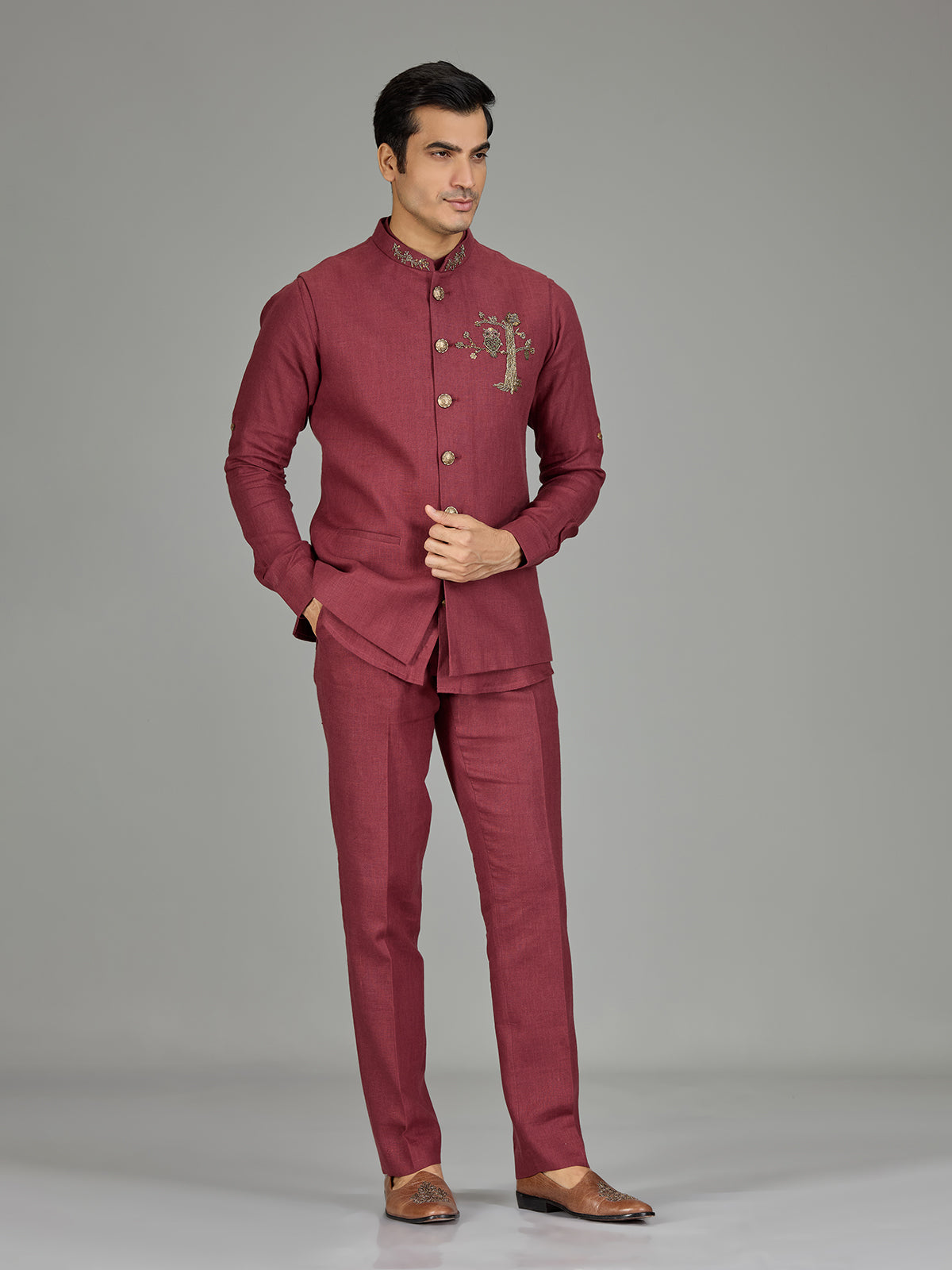 Dusty red heritage nehru jacket linen set