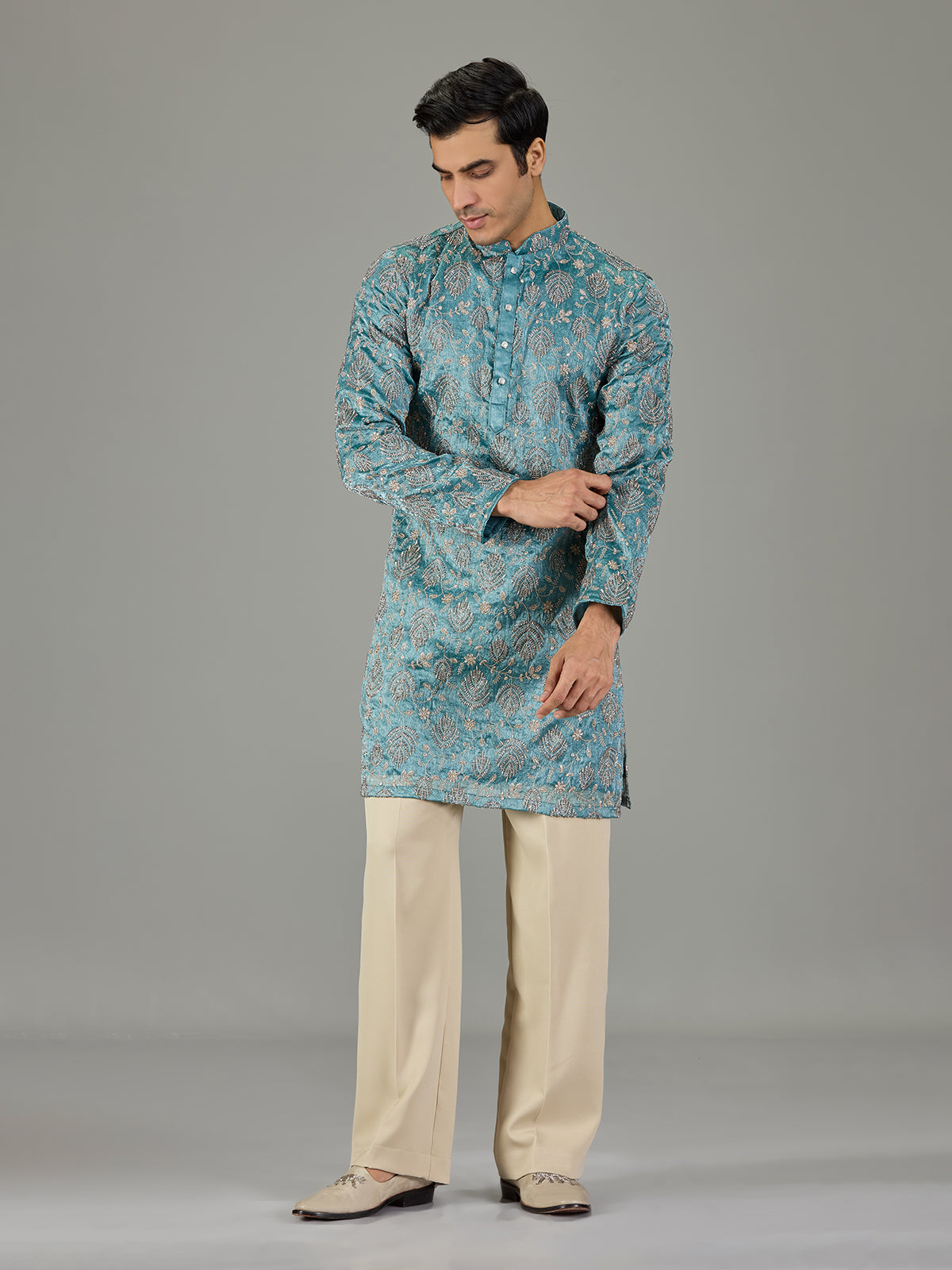 Pastel blue textured festive men kurta suit