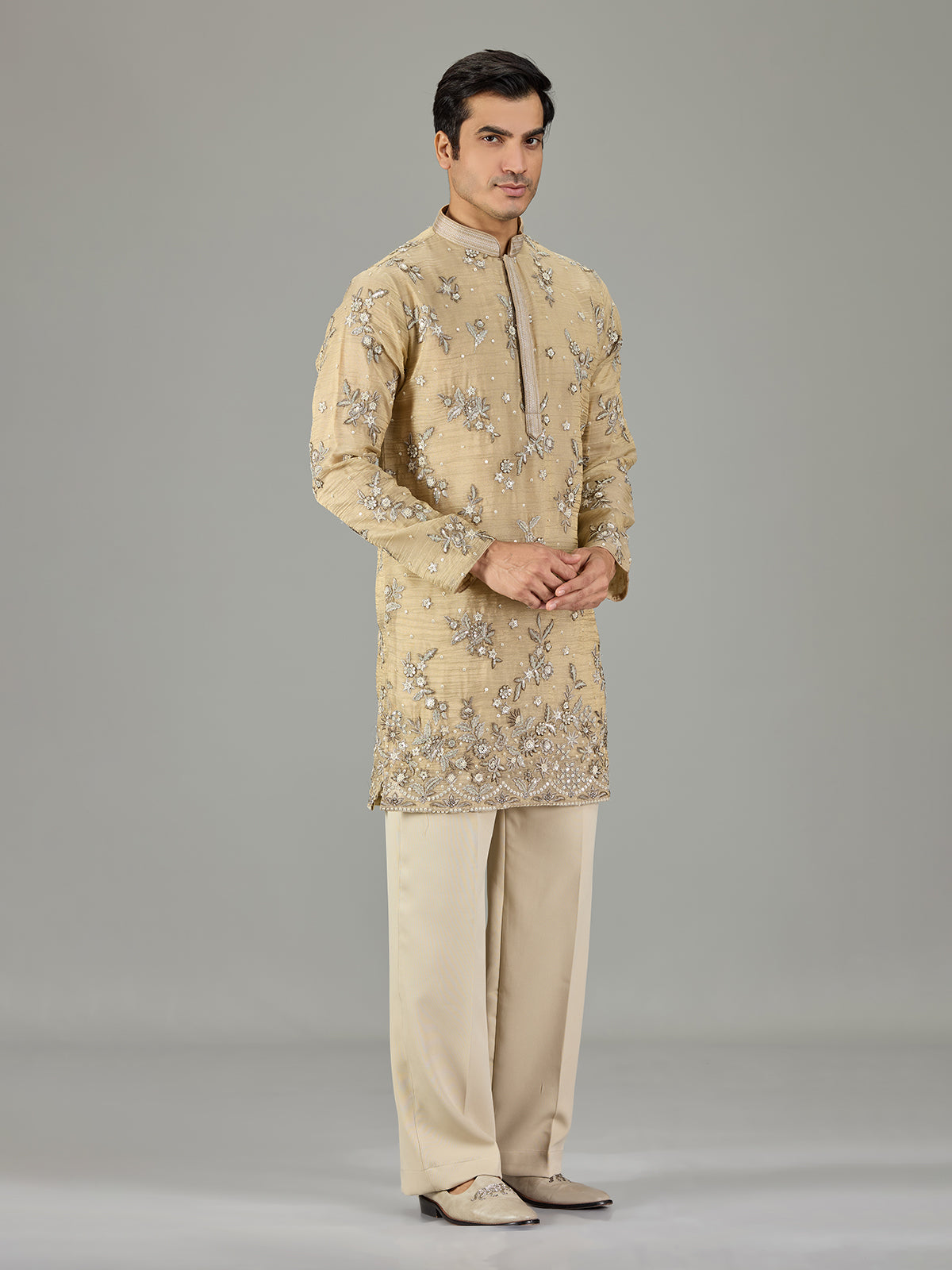 Beige slub texture floral men kurta suit