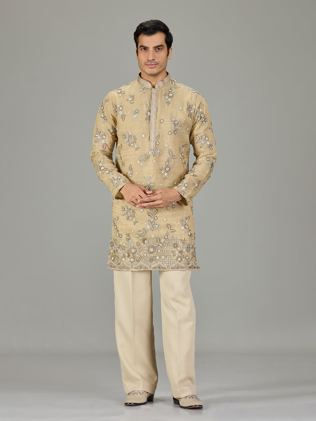 Beige slub texture floral men kurta suit