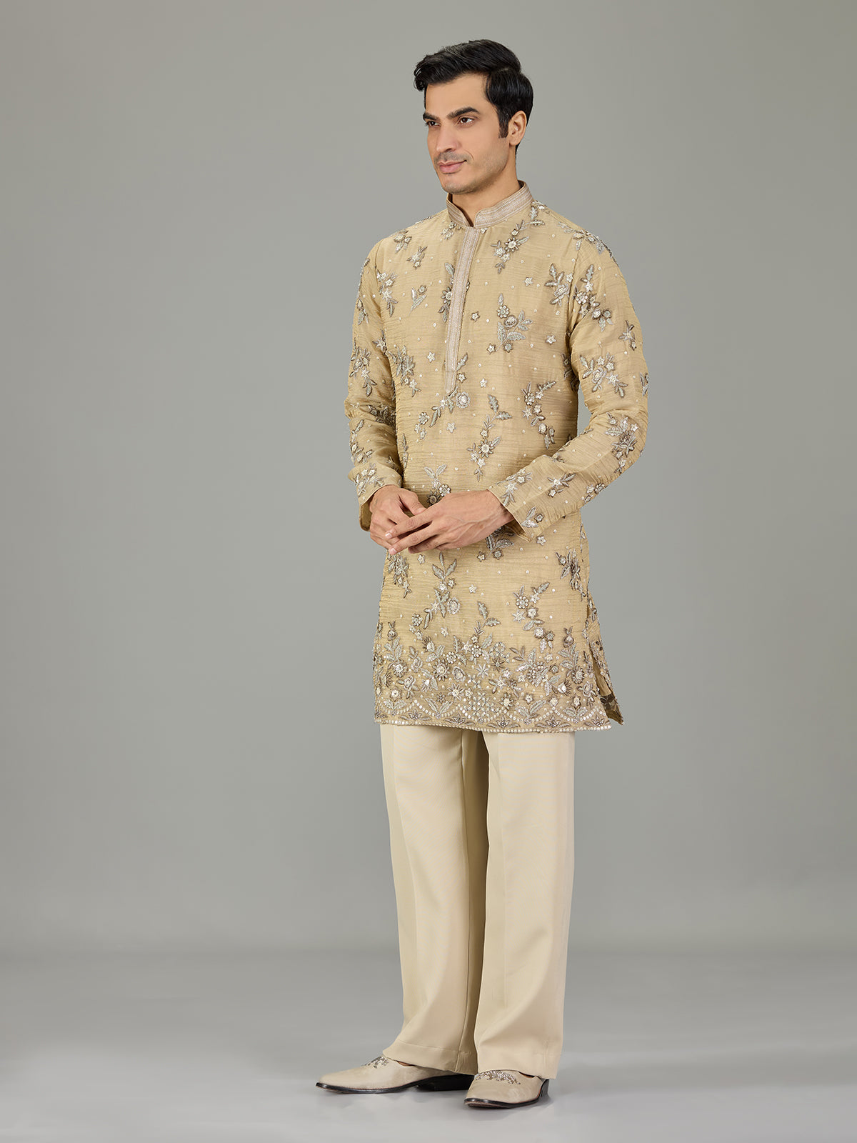 Beige slub texture floral men kurta suit