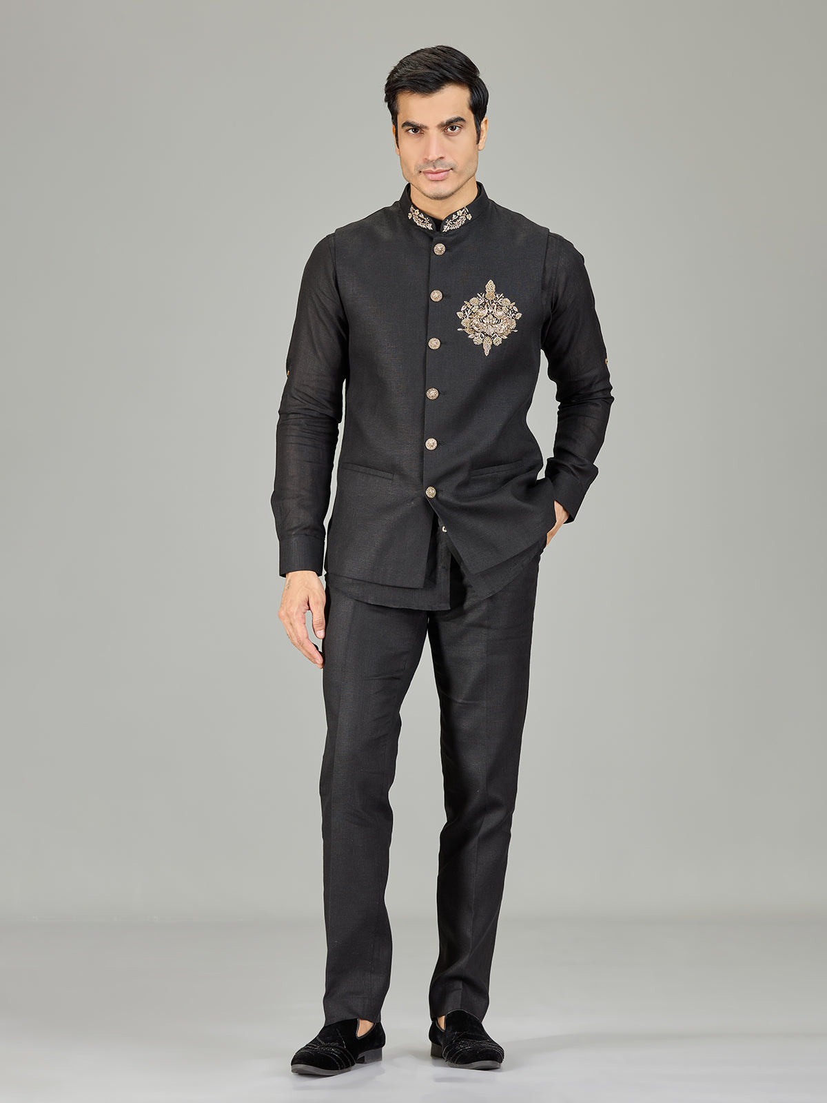 Black royal floral medallion linen waistcoat set