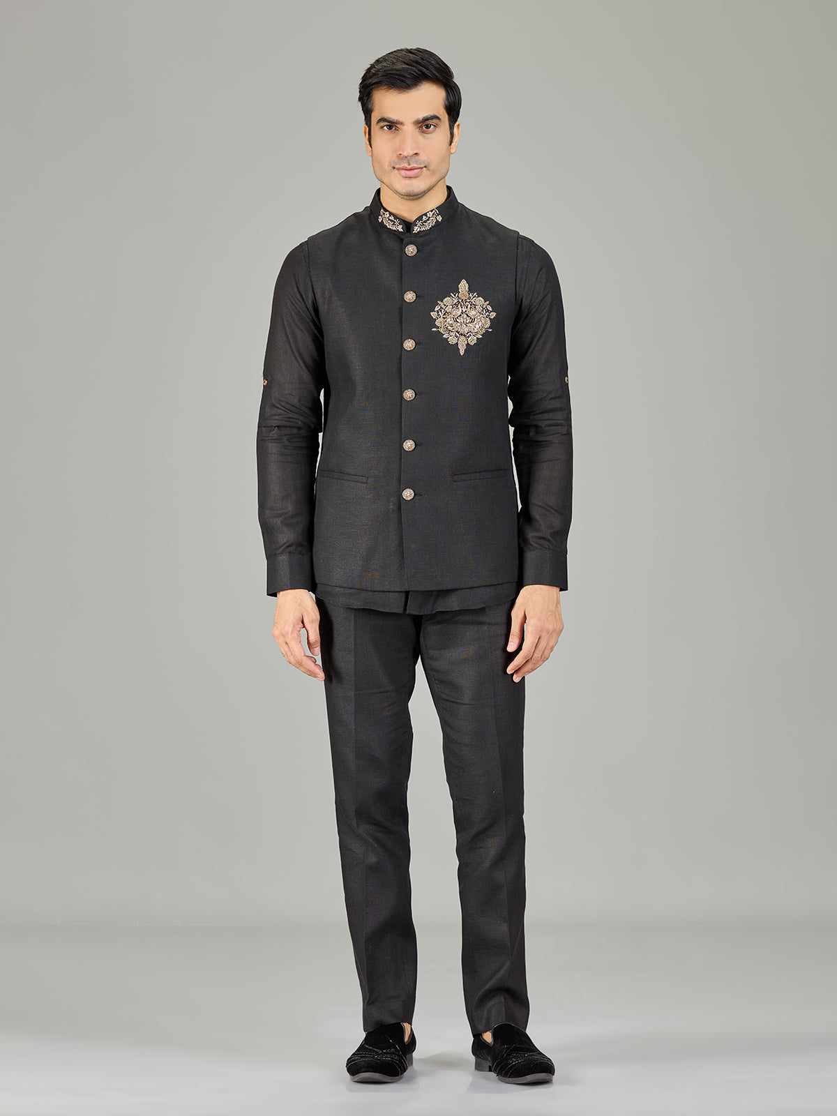 Black royal floral medallion linen waistcoat set