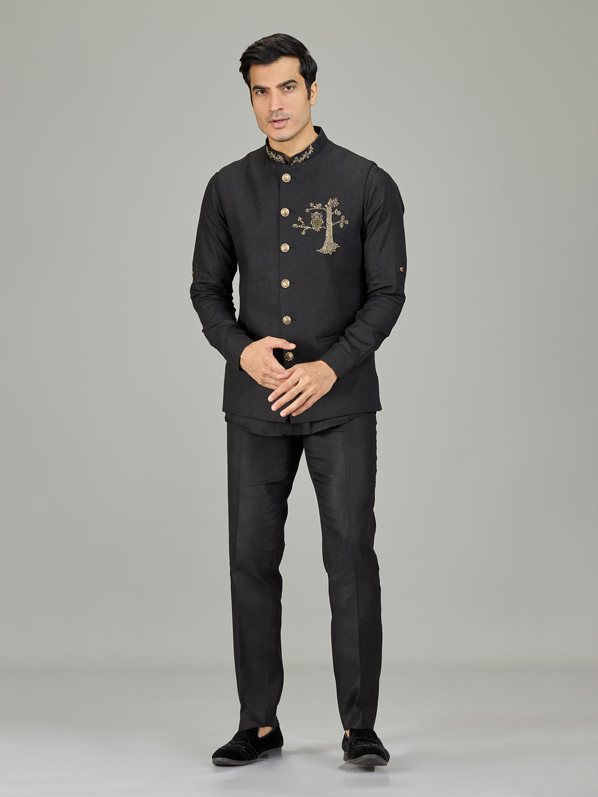 Black heritage owl motif linen nehru jacket set