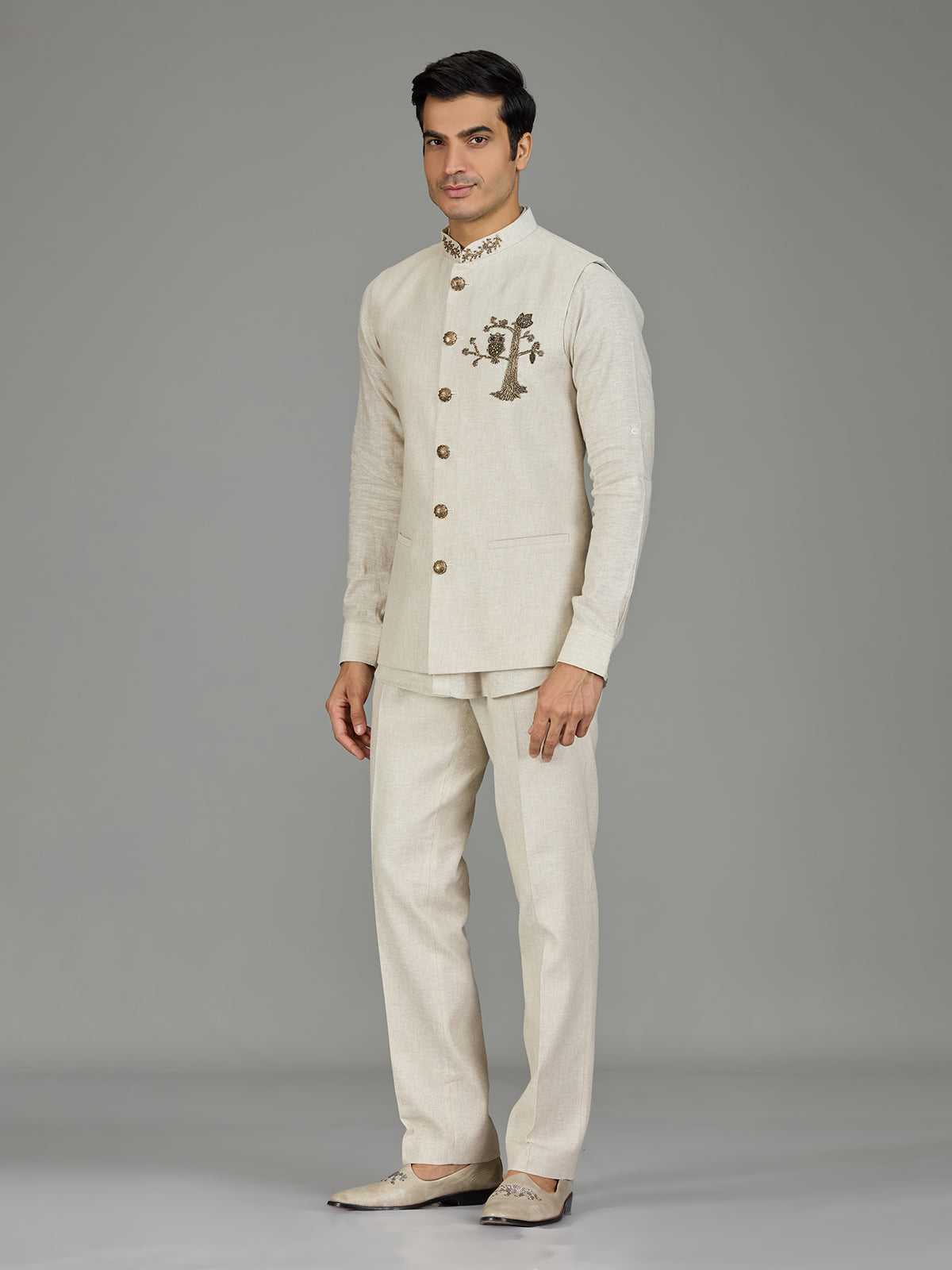 Cream owl motif zardosi linen waistcoat set