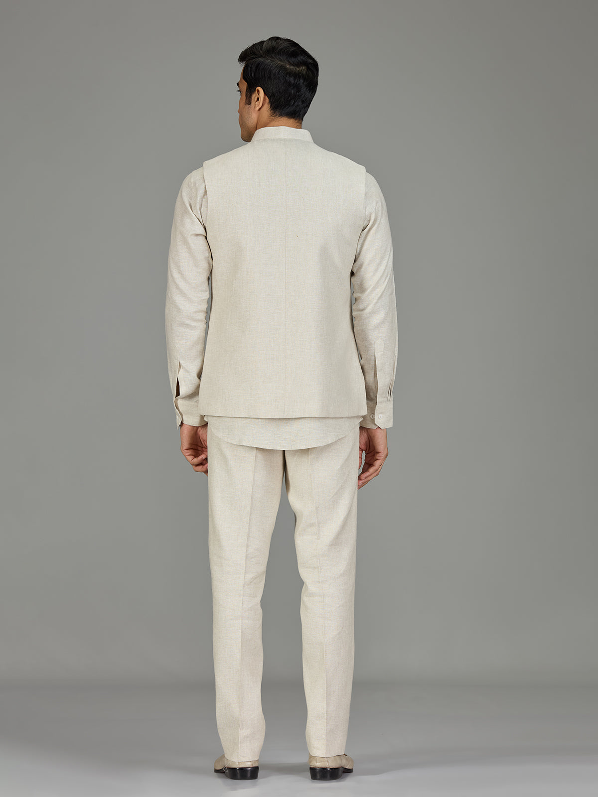 Cream owl motif zardosi linen waistcoat set