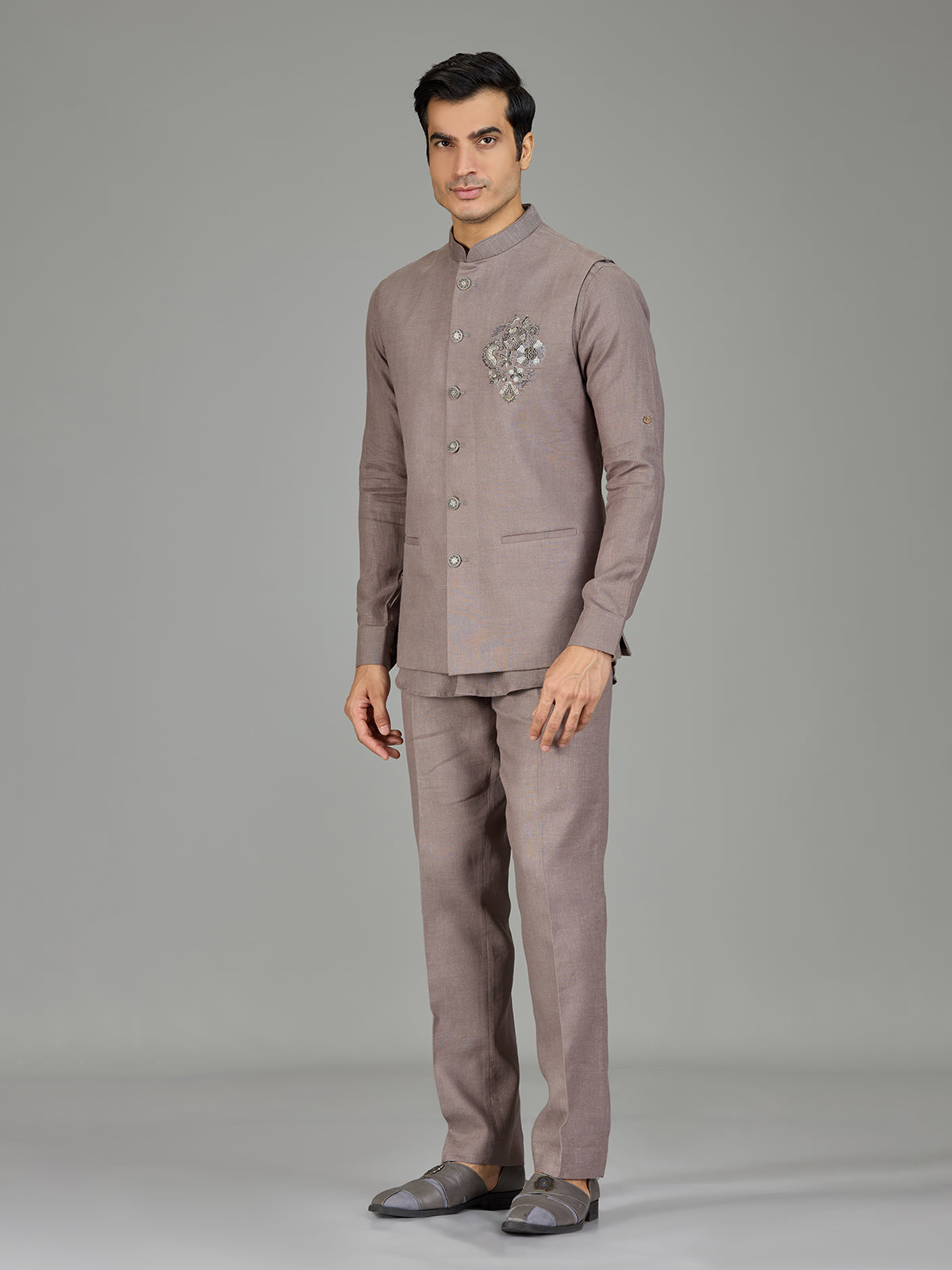 Dusty onion pink floral linen nehru jacket set