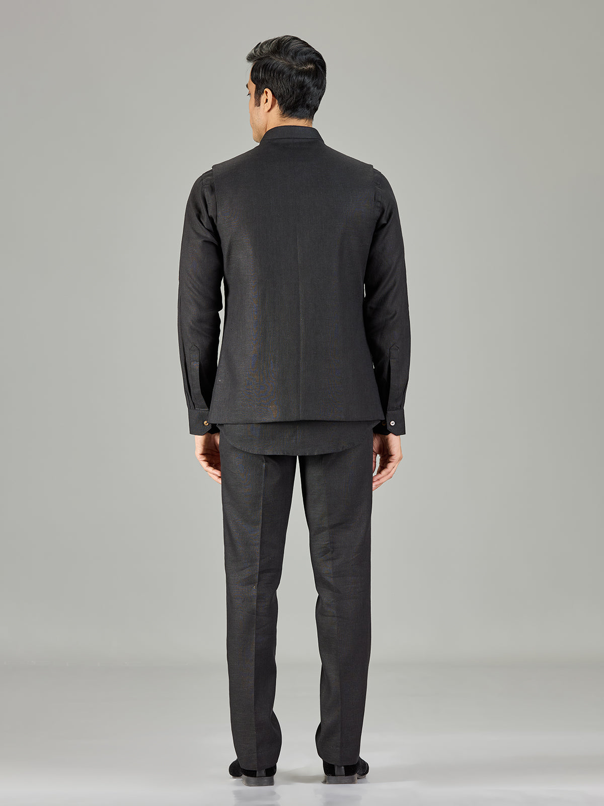 Black modern peacock embroidered linen waistcoat set