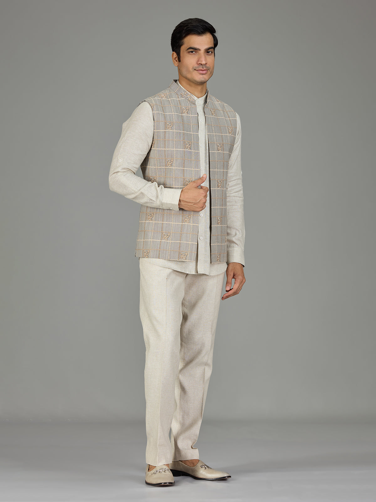 Grey textured grid linen waistcoat set