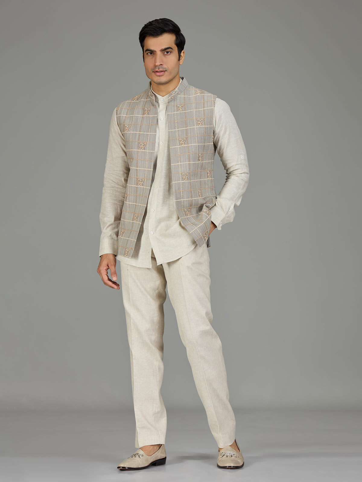 Grey textured grid linen waistcoat set
