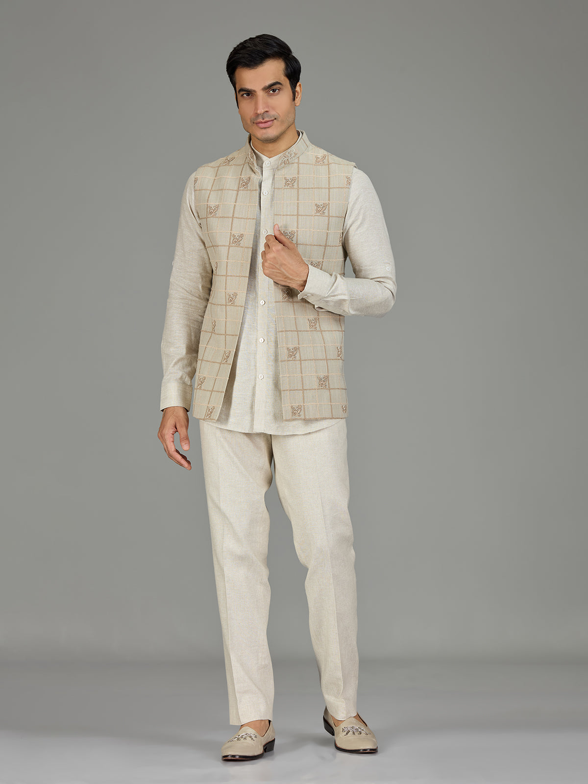 Light pista checked linen nehru jacket set