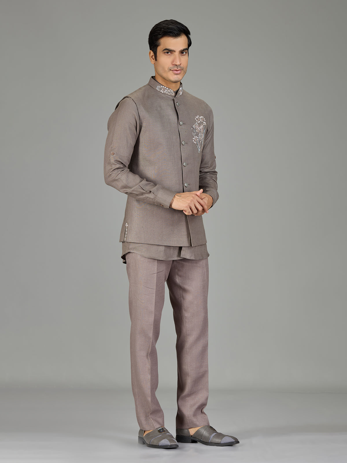 Stone grey linen nehru jacket set