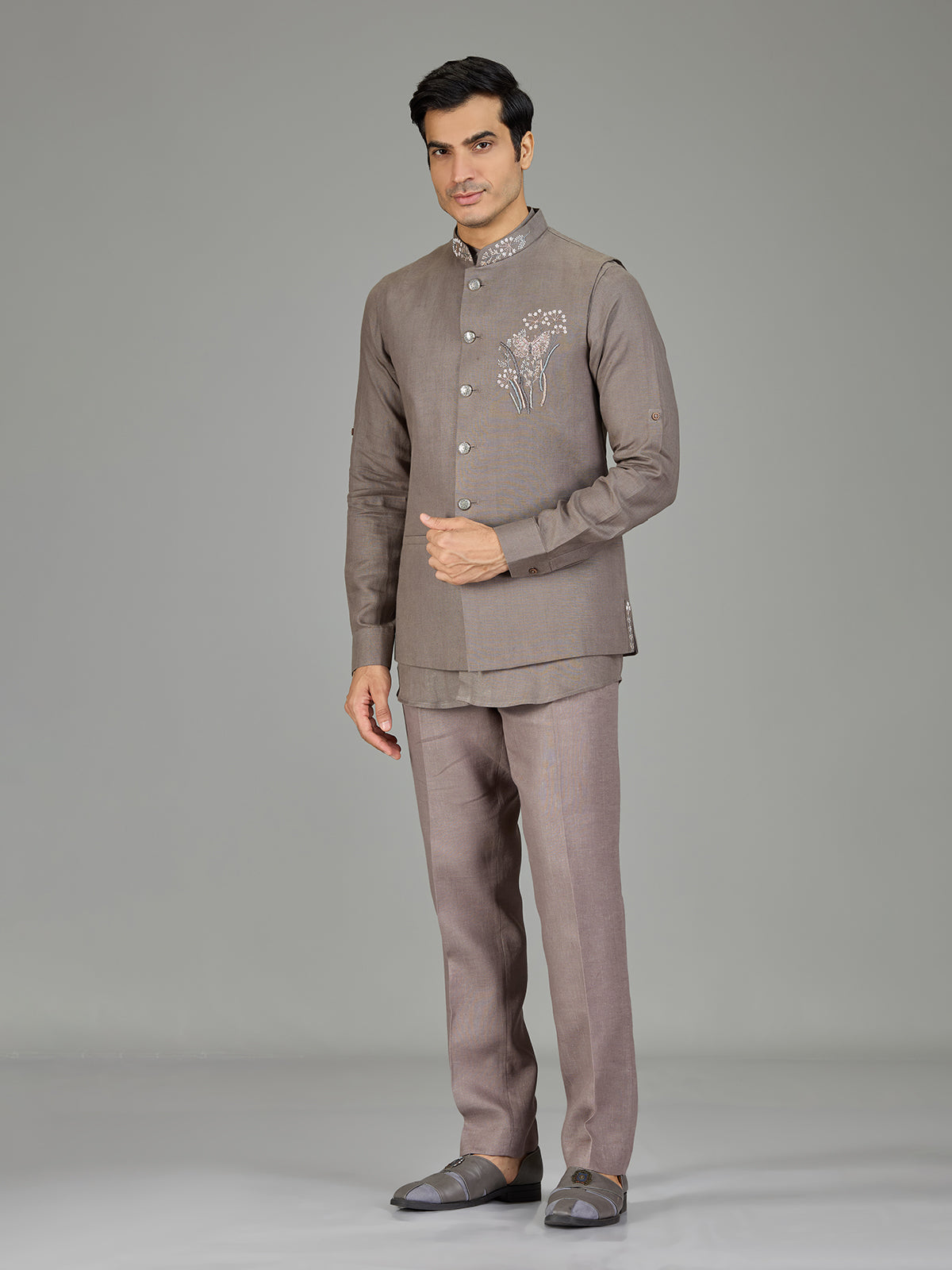 Stone grey linen nehru jacket set