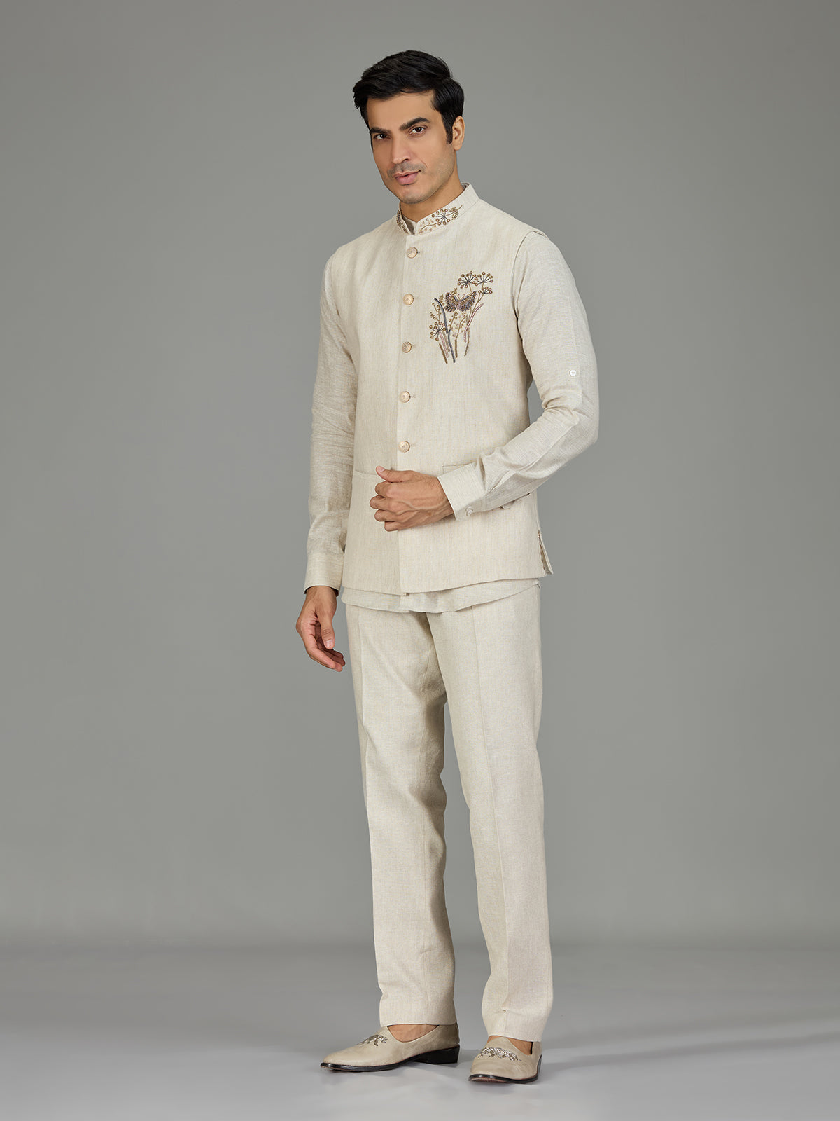 Cream botanical spray zardosi linen waistcoat set
