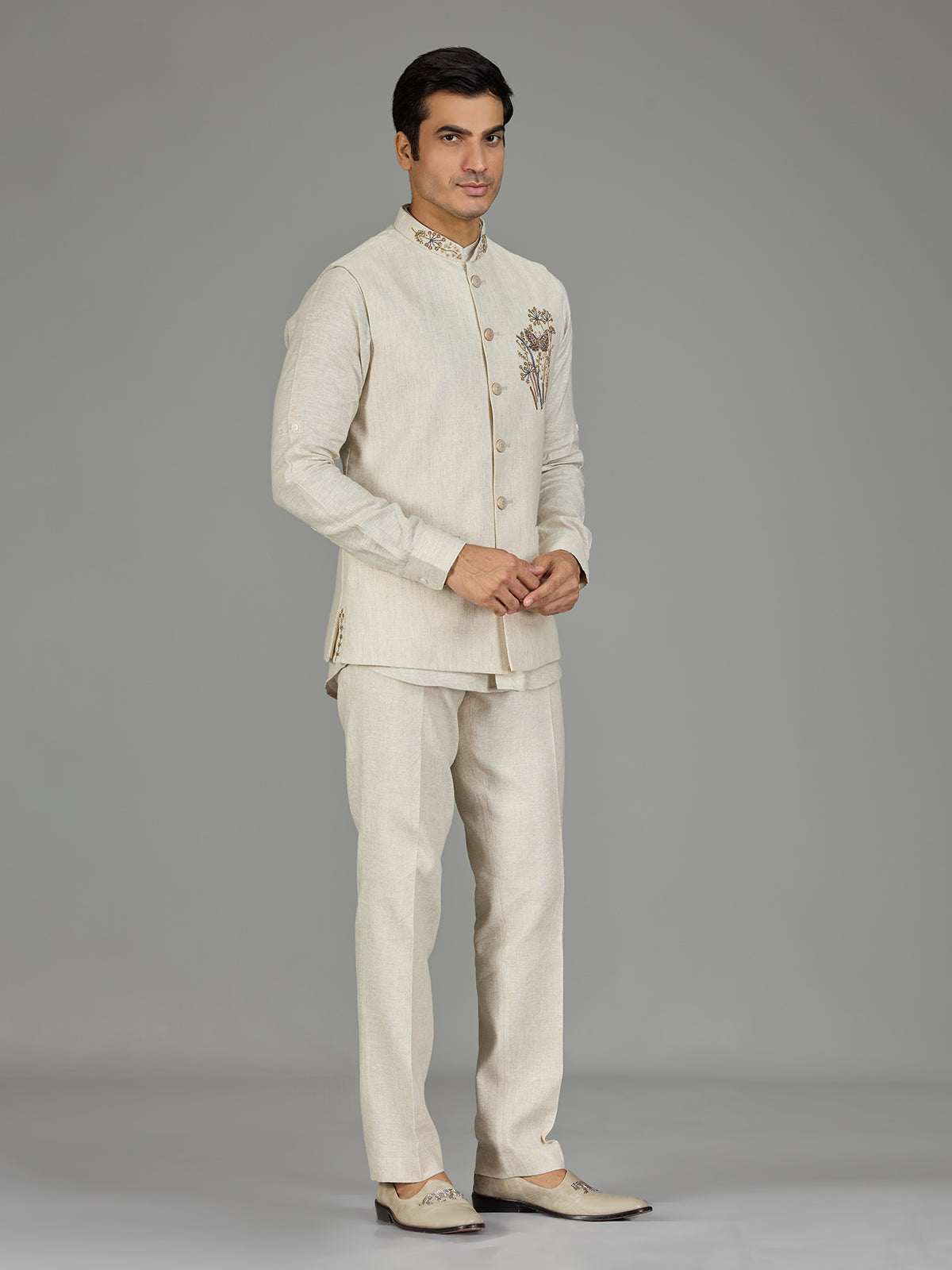 Cream botanical spray zardosi linen waistcoat set