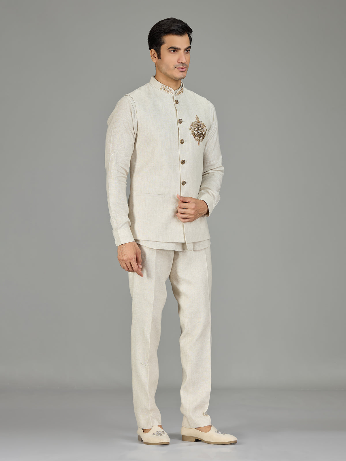Cream signature floral medallion linen nehru jacket set