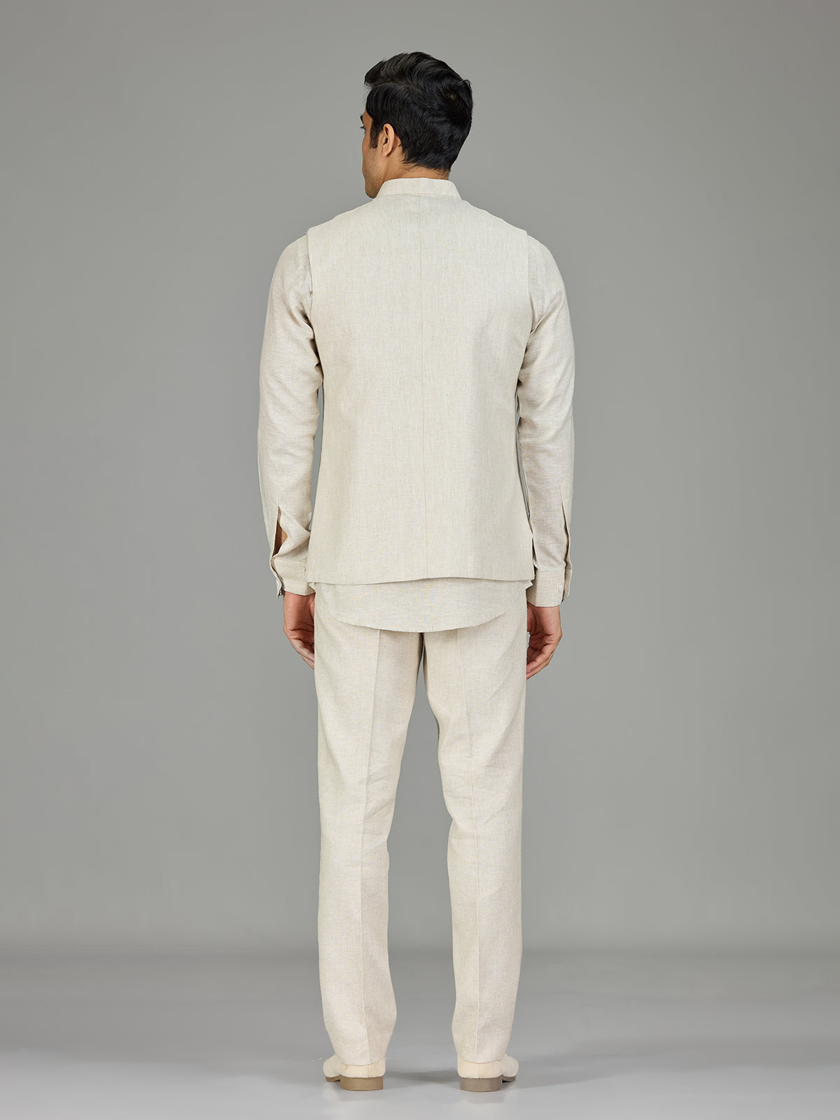 Cream signature floral medallion linen nehru jacket set