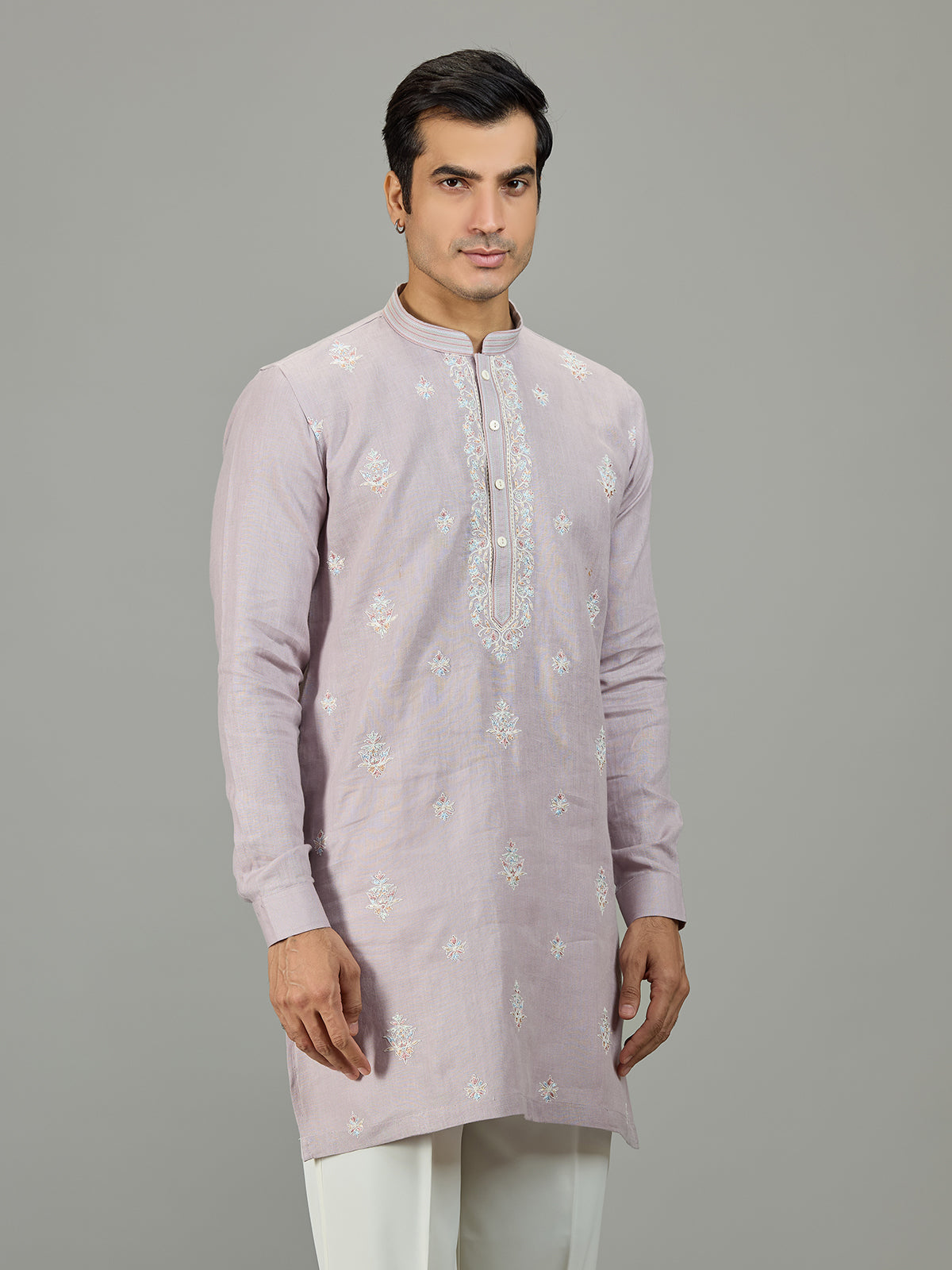 Lilac purple designer linen men kurta