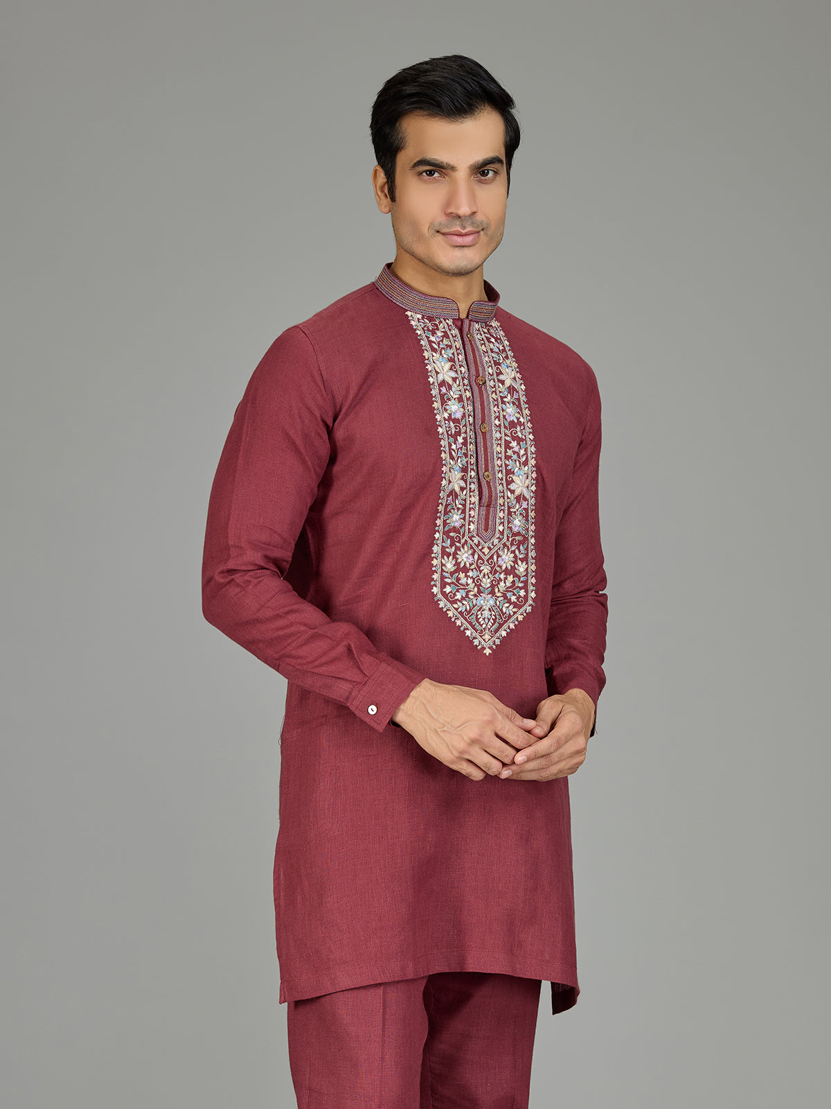 Maroon classic floral linen men kurta