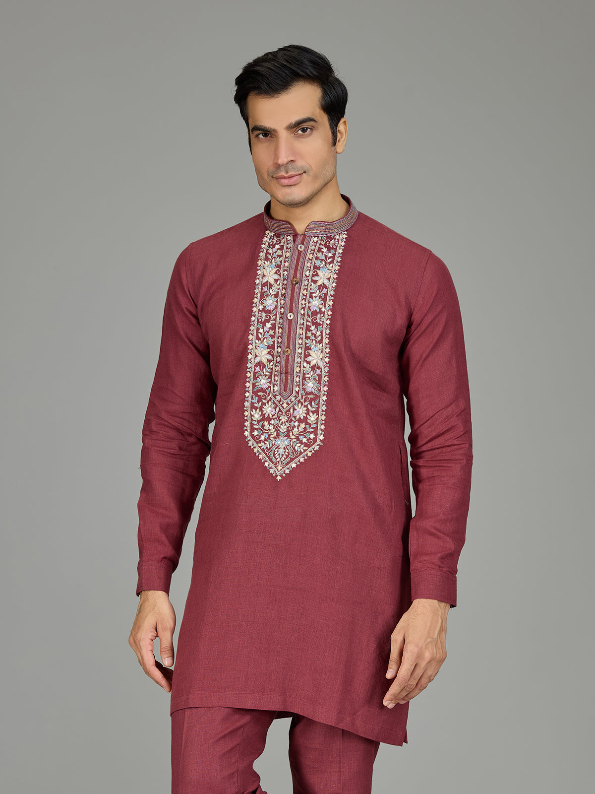 Maroon classic floral linen men kurta