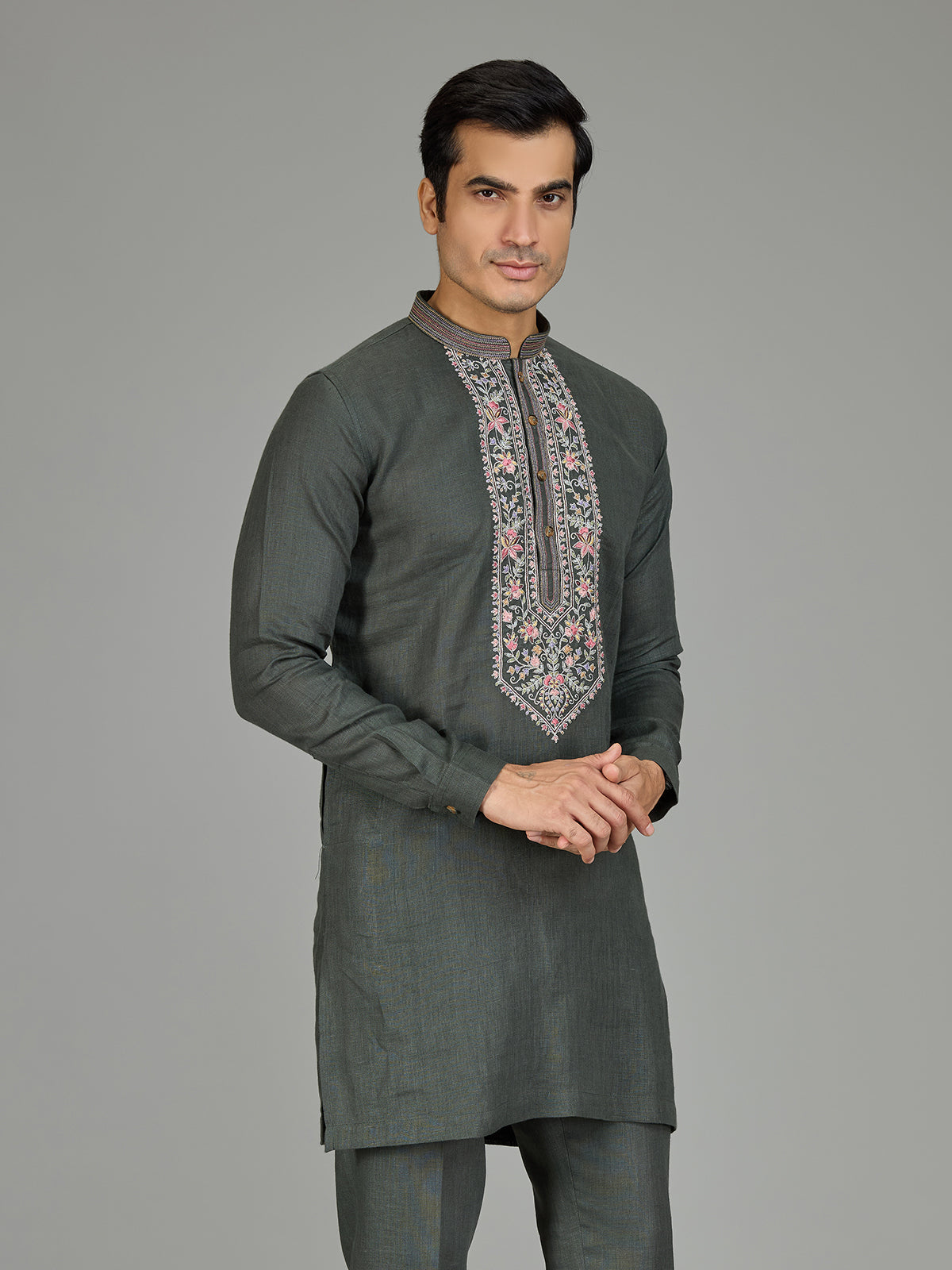 Green attractive floral linen men kurta