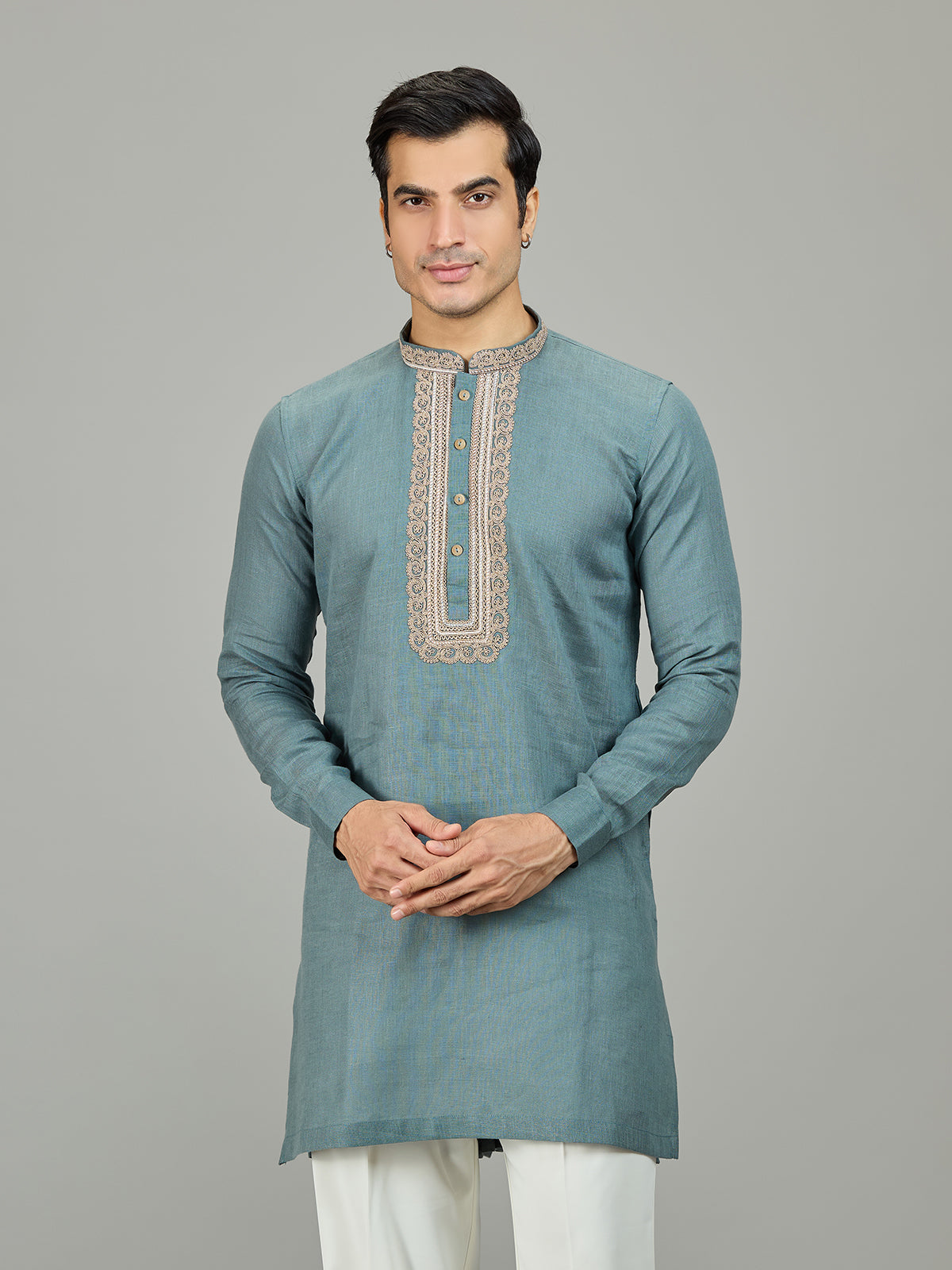 Sage green refined leaf linen men kurta