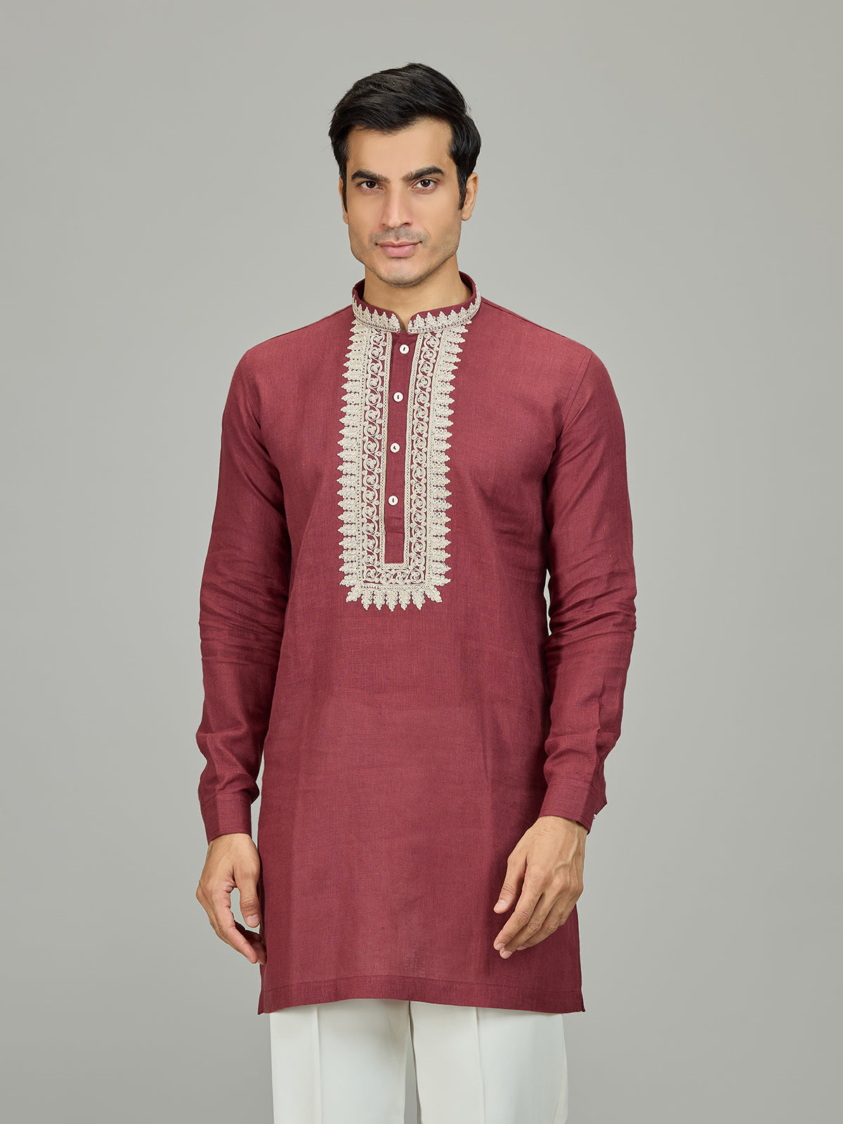 Maroon traditional zardosi linen men kurta