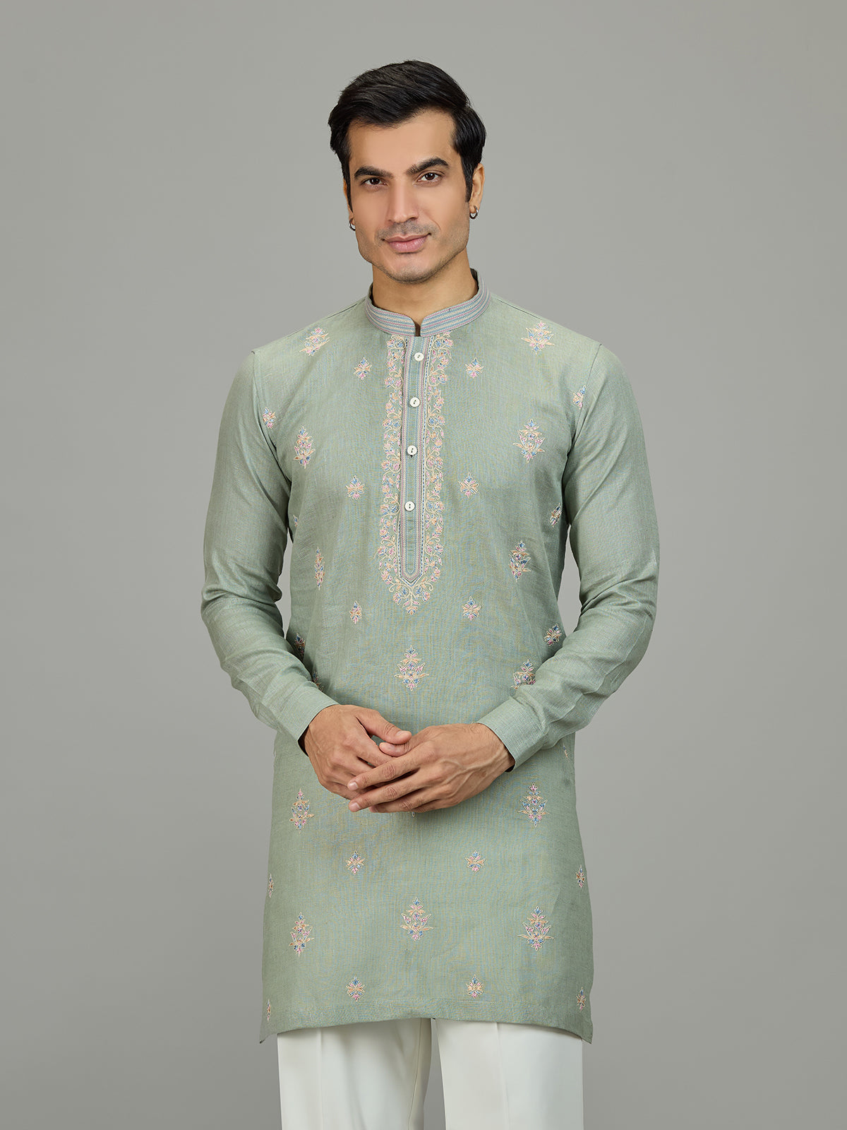 Pista green stylish zardosi linen men kurta