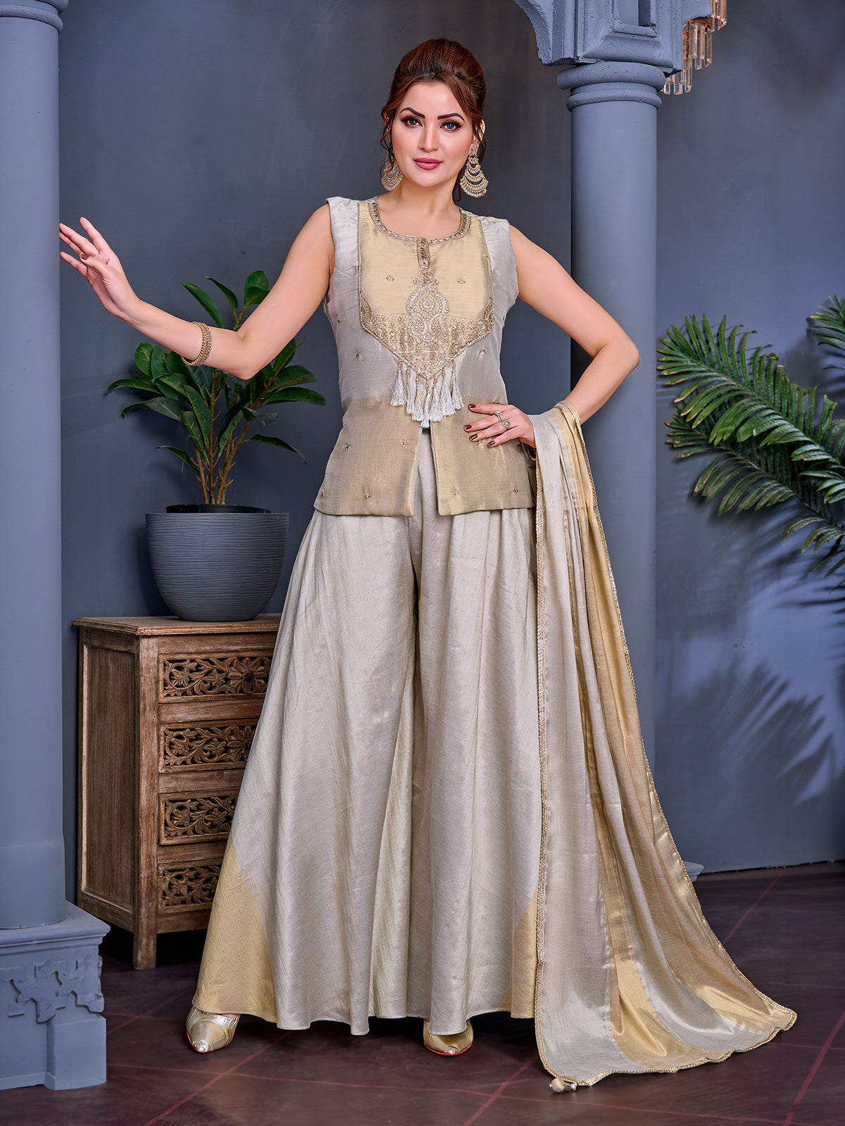 Silver and gold shimmer palazzo suit with embroidered tassel yoke