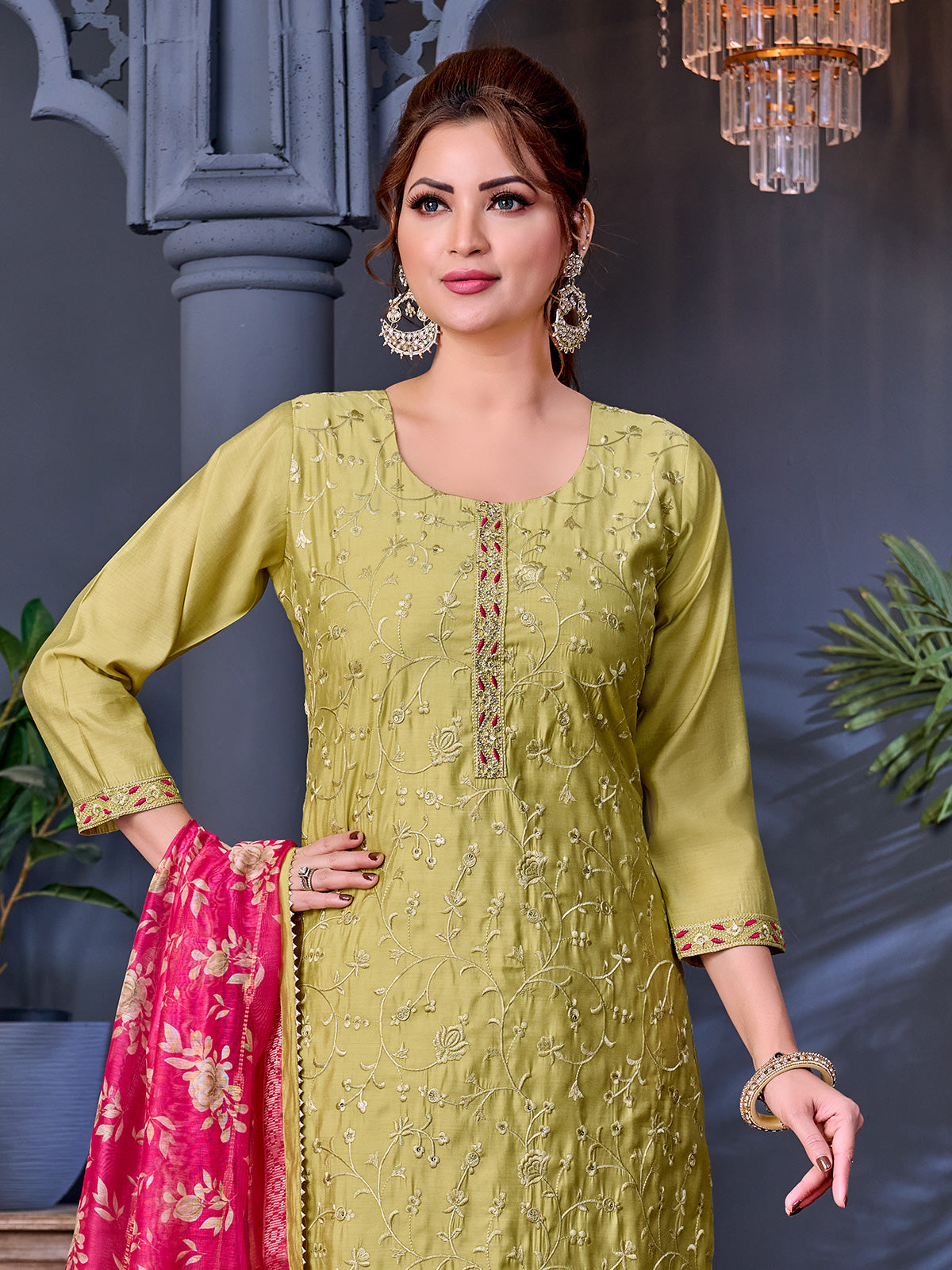 Mehendi yellow soft silk salwar suit with floral embroidery