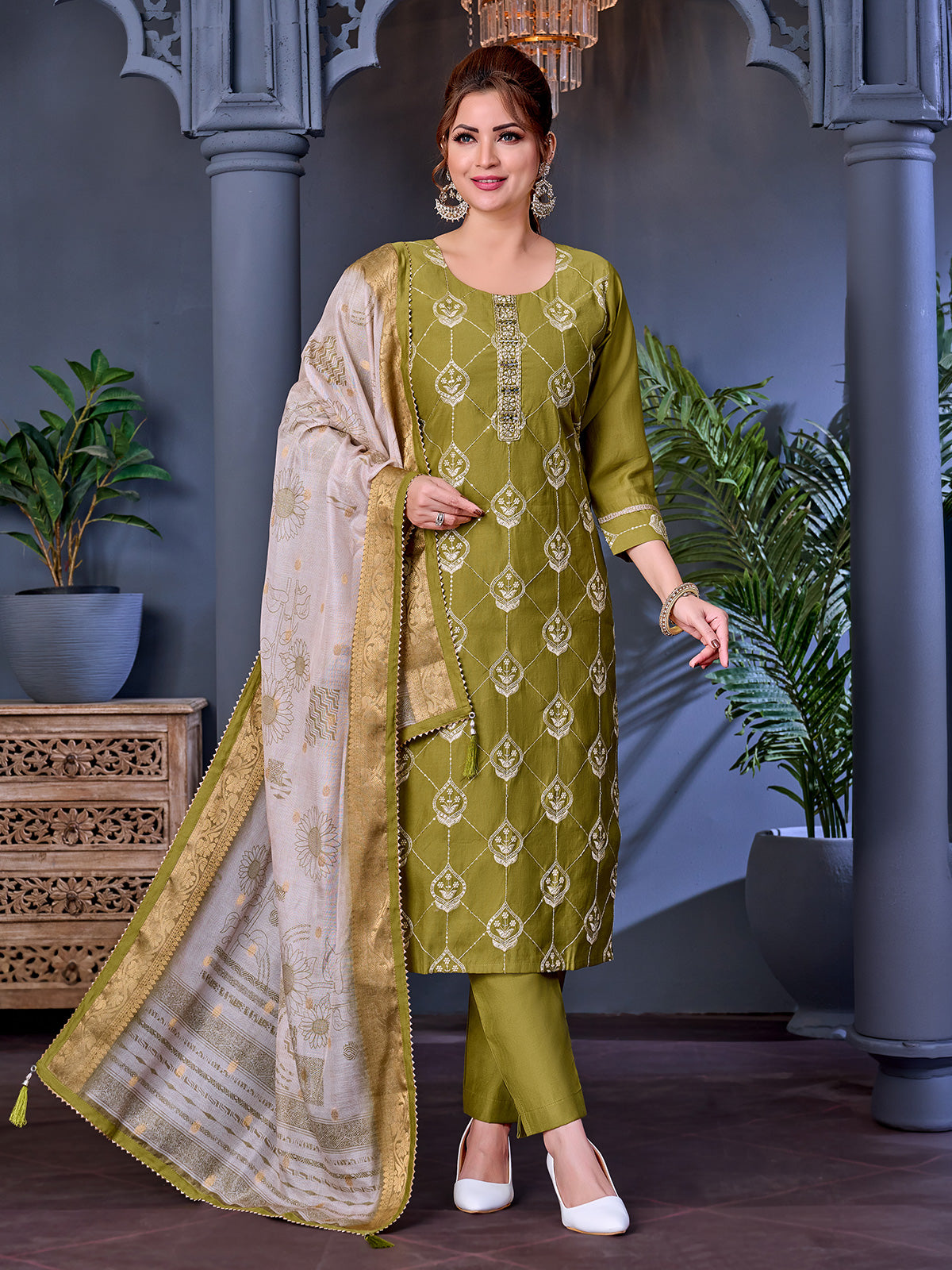 Mehendi green soft silk salwar suit with mirror accents