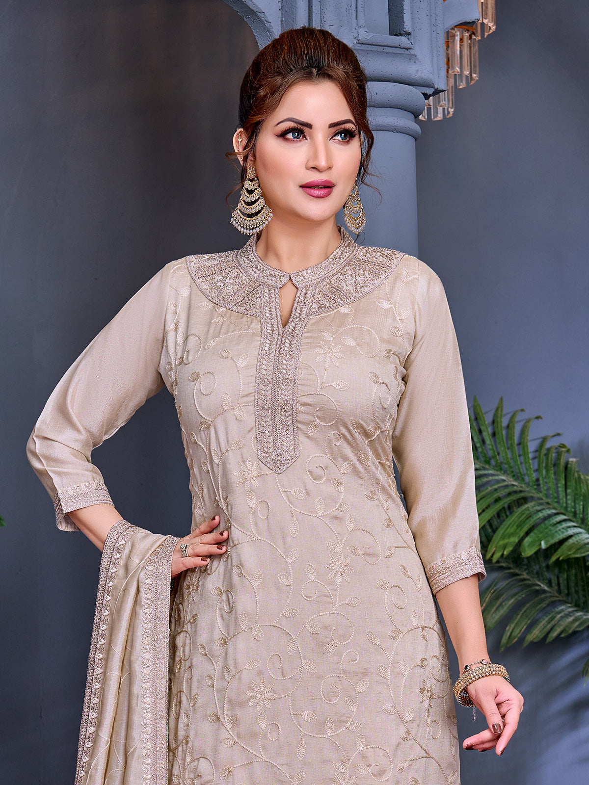 Beige vichitr silk straight-cut salwar suit with floral threadwork