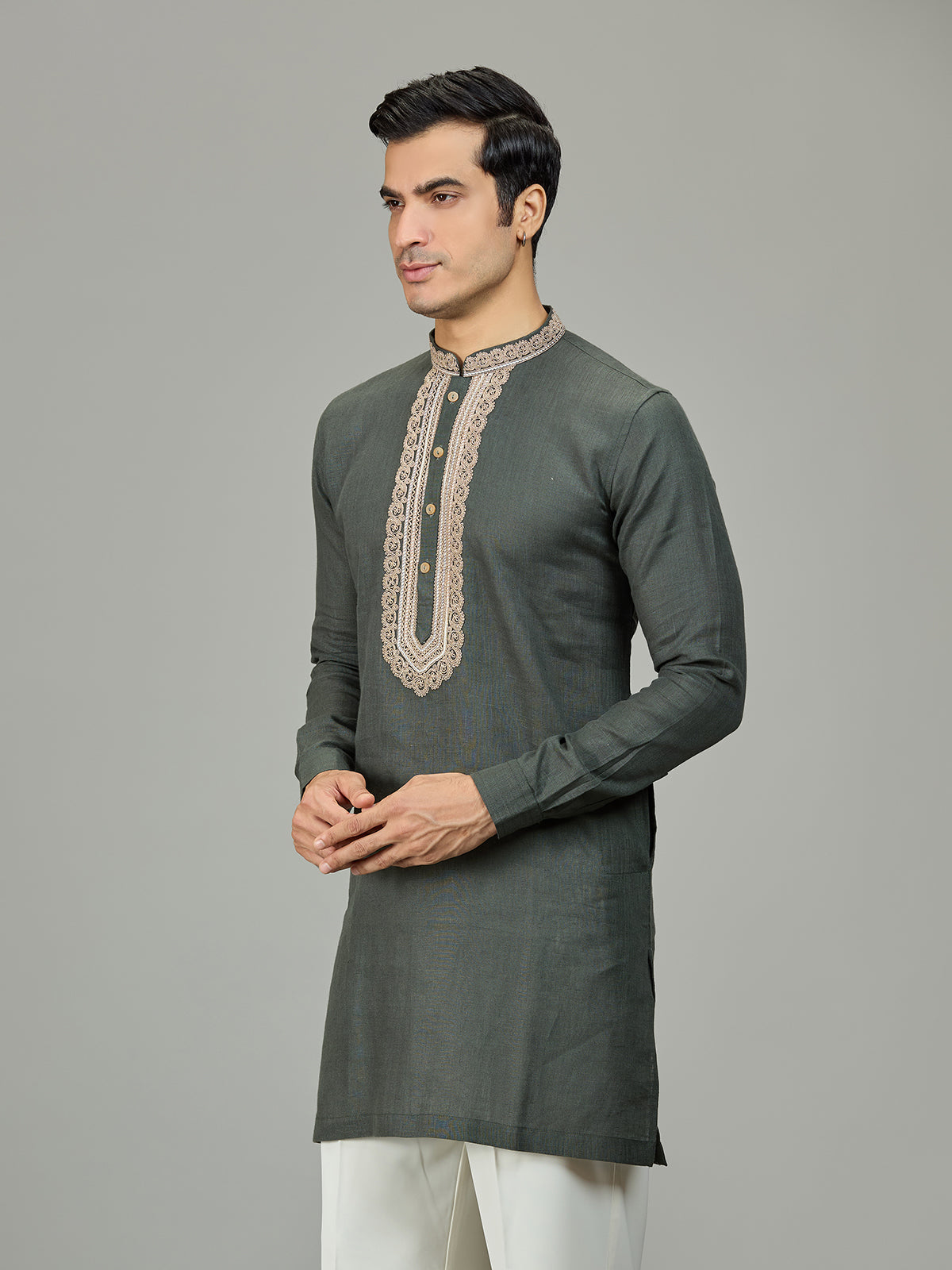 Olive green stylish leaf linen men kurta